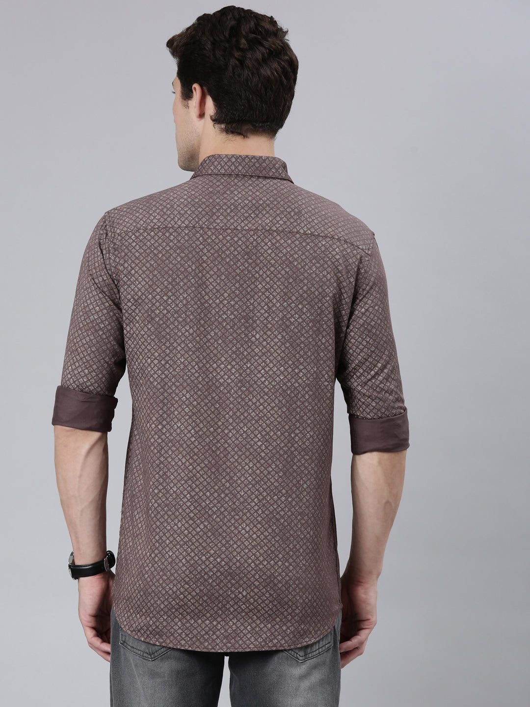 Classic Polo Men's Full Sleeve Dark Brown Polo Neck 100% Cotton Slim Fit Shirt | SP2-148-PRT-SF FS