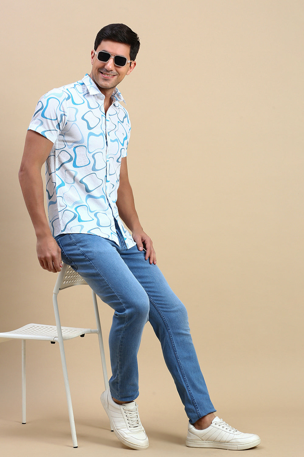 Classic Polo Men's Half Sleeve White/Blue Polo Neck Slim Fit Aop Shirt | SP2-GN-06 A-HS-PRT-BSL