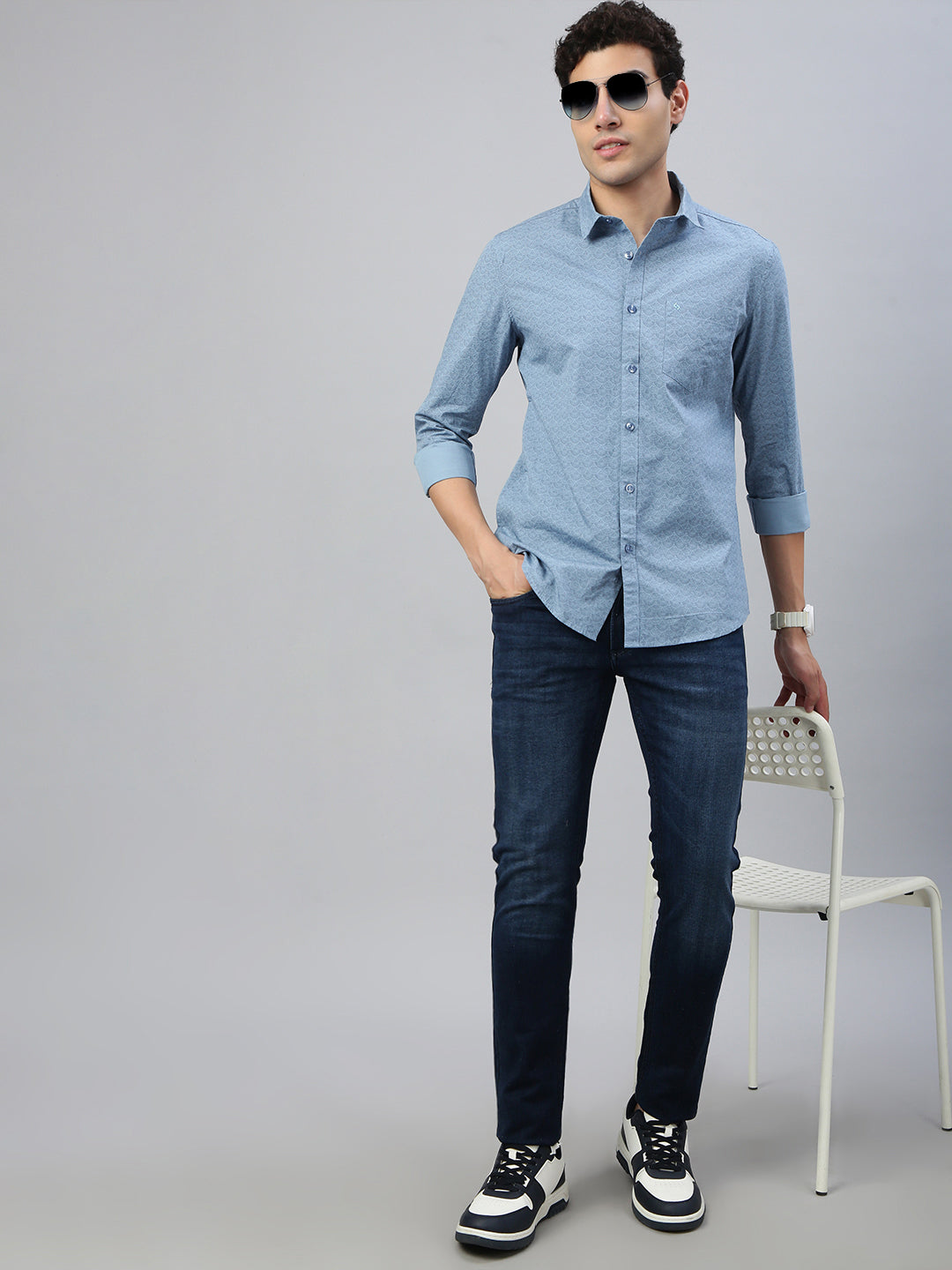 Classic Polo Men's Full Sleeve Blue Polo Neck Slim Fit All Over Print Shirt||SP2-CL-79 B-FS-PRT-SF