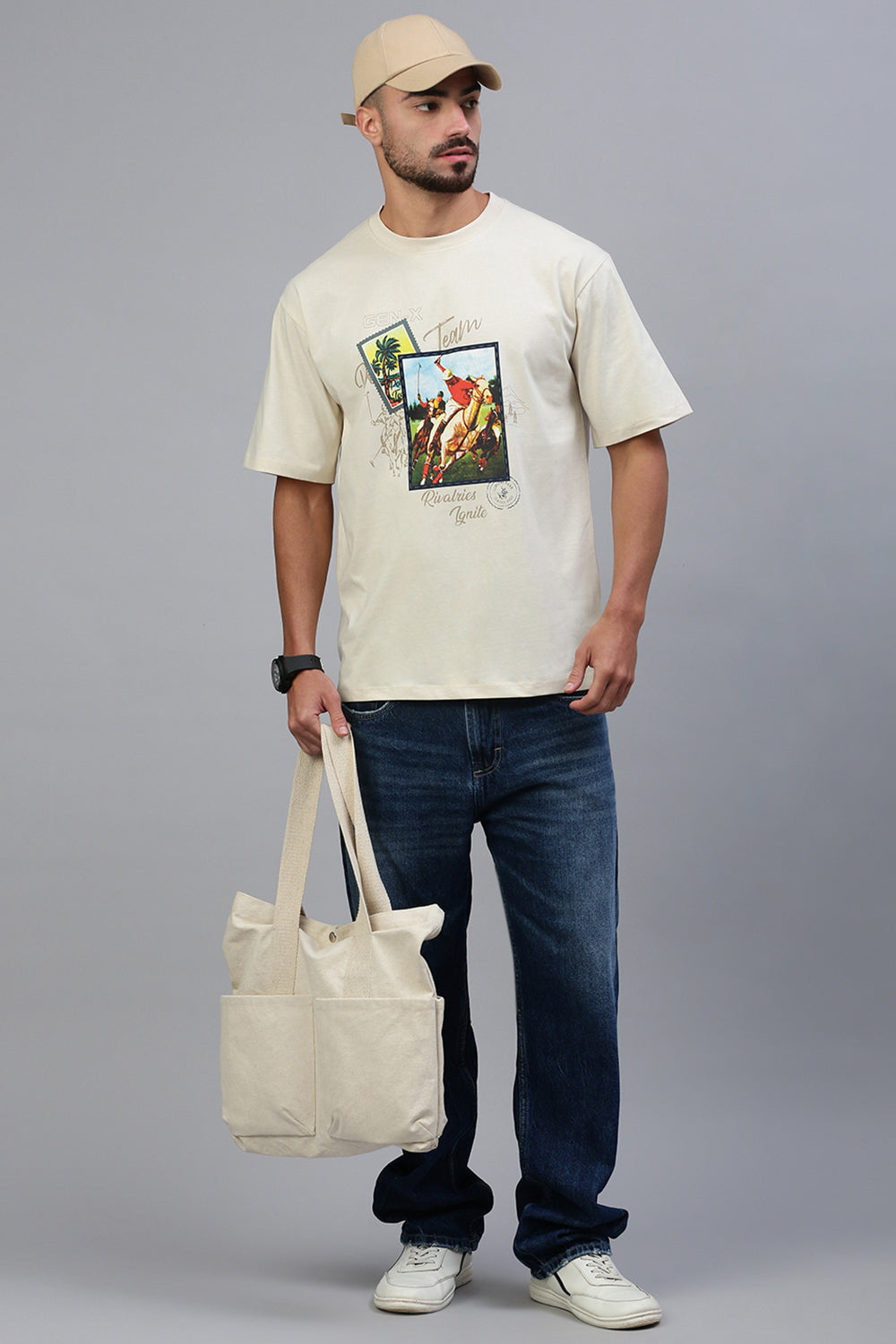 Classic Polo Men's Half Sleeve Beige Crew Neck Slim Fit Printed Drop Shoulder T-Shirt