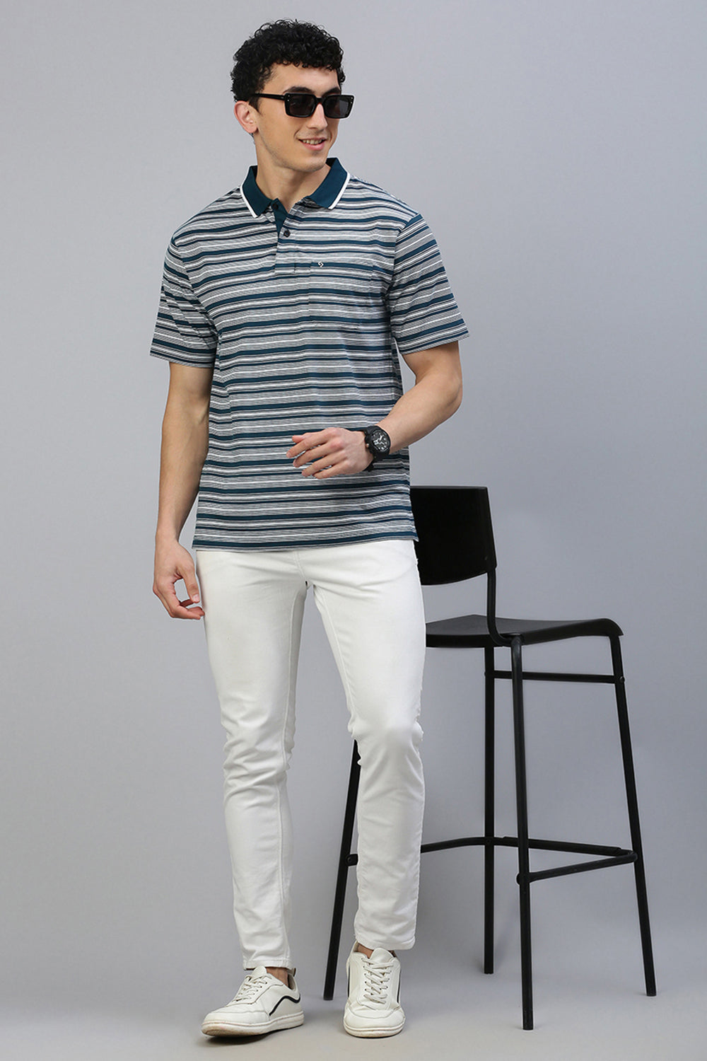 Classic Polo Men's Half Sleeve Dark Green/White Polo Neck Authentic Fit Striped T-Shirt | FEEDERS - 278 B AF P