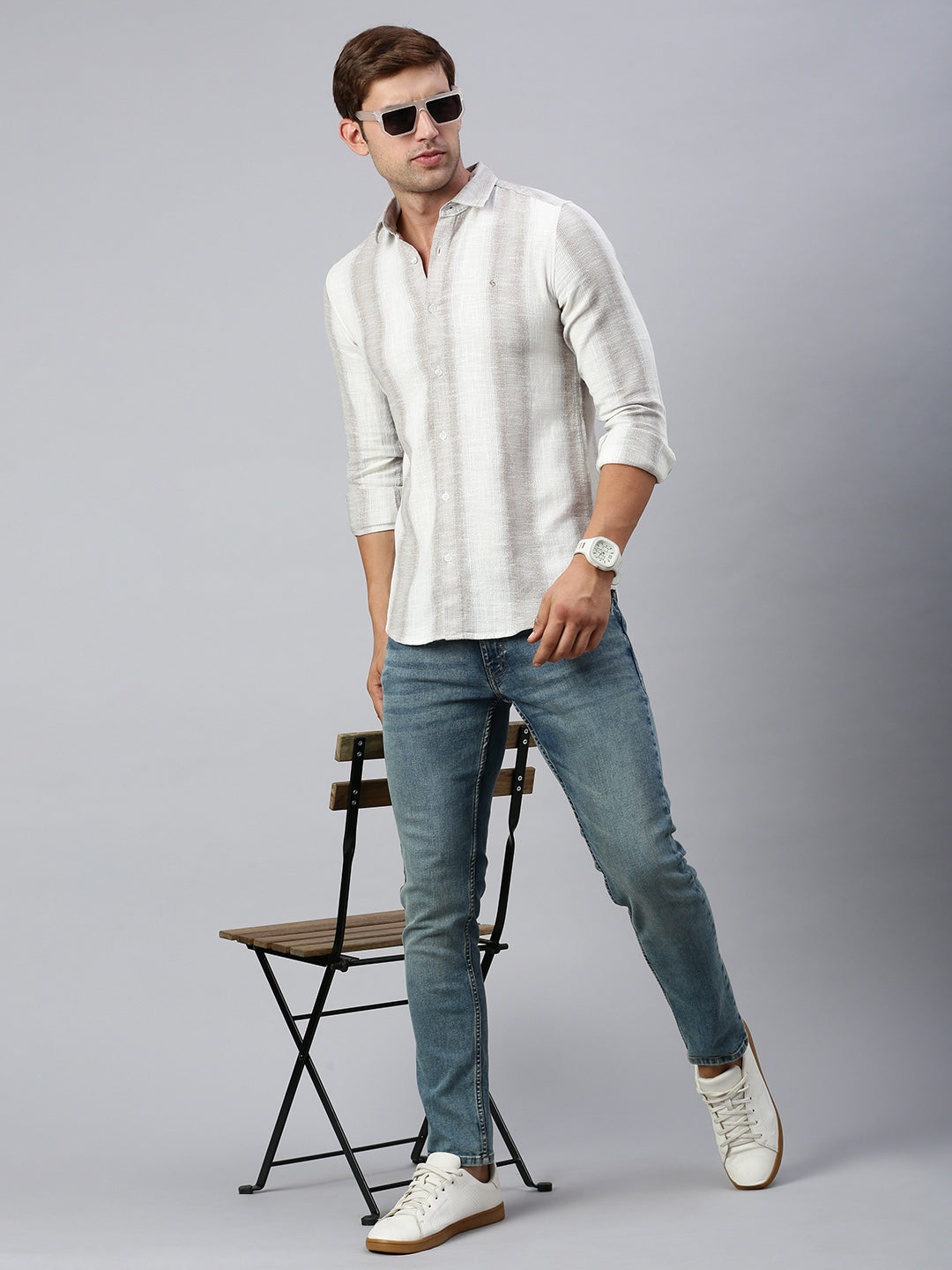 Classic Polo Men's Full Sleeve Off-White/Brown Polo Neck Slim Fit Striped Shirt | SP2-GN-01 A-FS-STR-BSL