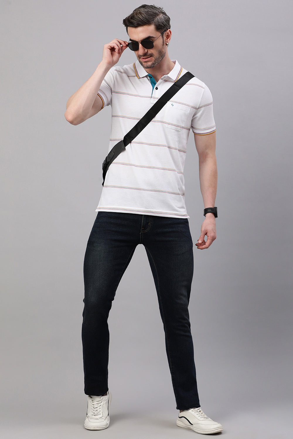 Classic Polo Men's Half Sleeve White Polo Neck Slim Fit Striped T-Shirt