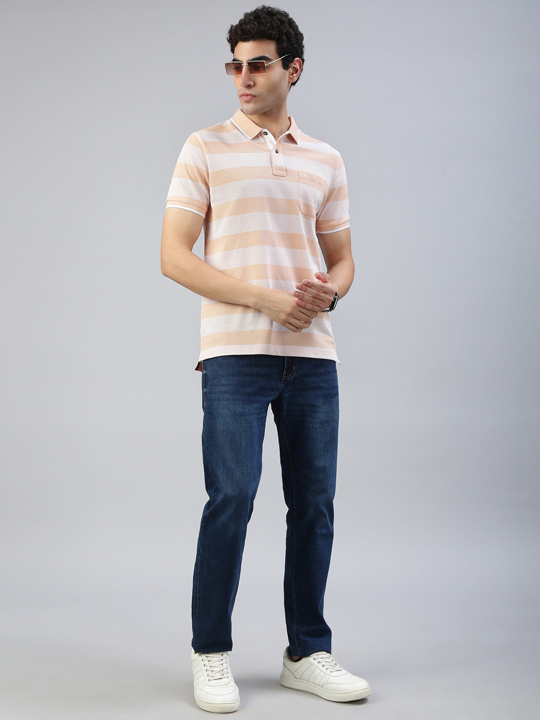 Classic Polo Men's Half Sleeve Lt.Orange Polo Neck Slim Fit Striped T-Shirt||ADORE - 233 A SF P