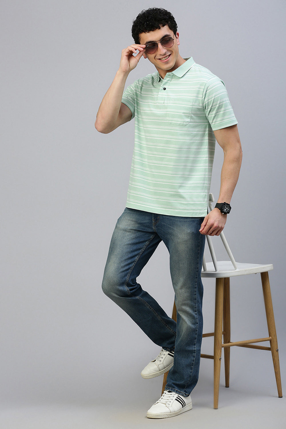 Classic Polo Men's Half Sleeve Lt.Green/White Polo Neck Authentic Fit Striped T-Shirt