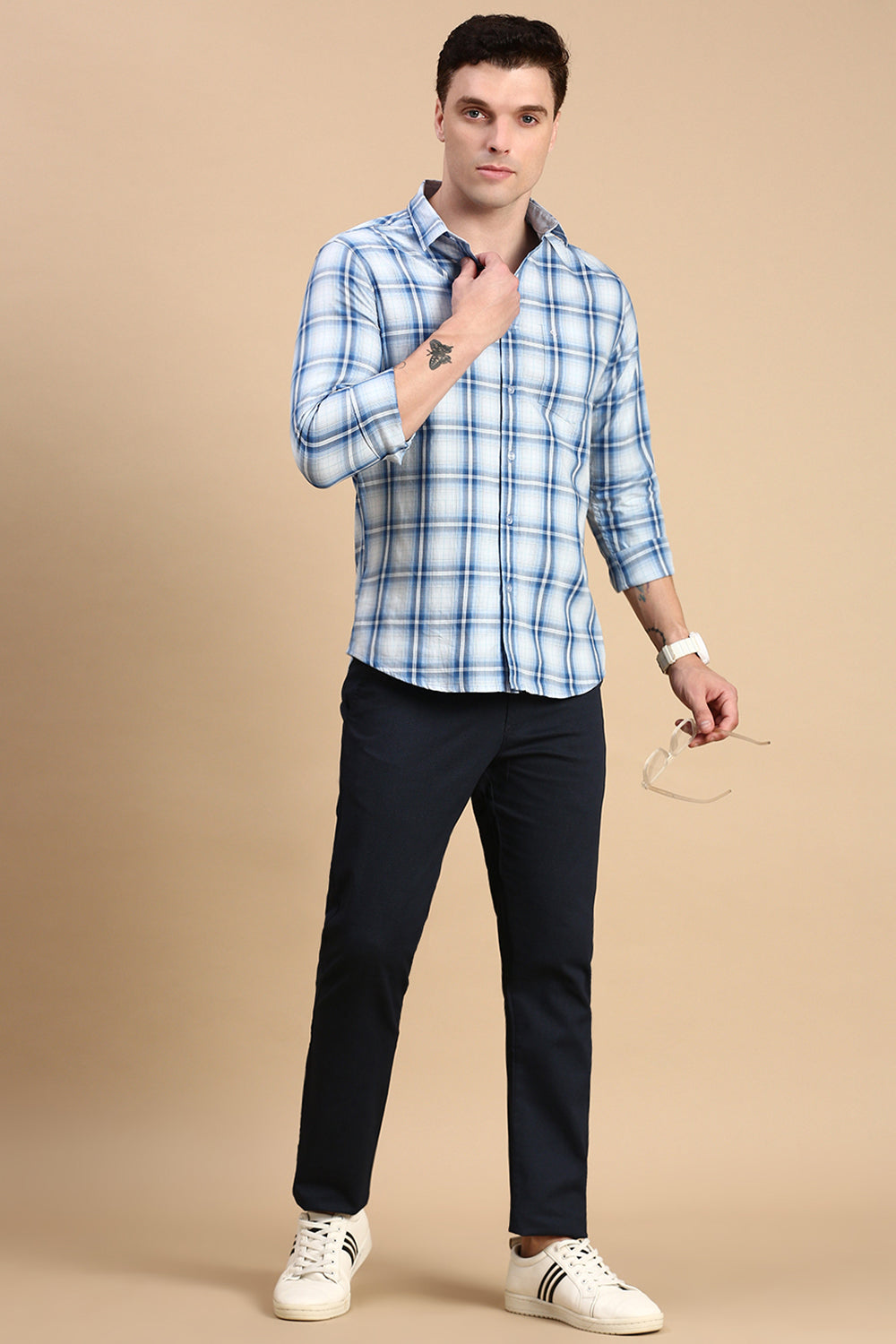Classic Polo Men's Full Sleeve Blue/White Polo Neck Slim Fit Checked Shirt | SP2-CL-75 A-FS-CHK-SF