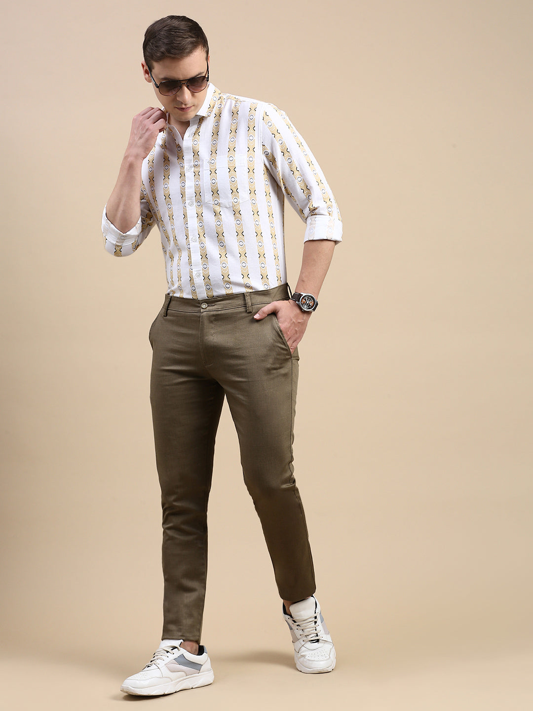 Classic Polo Men's Polo Neck Cotton Linen White/Yellow Slim Fit Striped Shirt | LINEN-37A-FS-PRT-SF