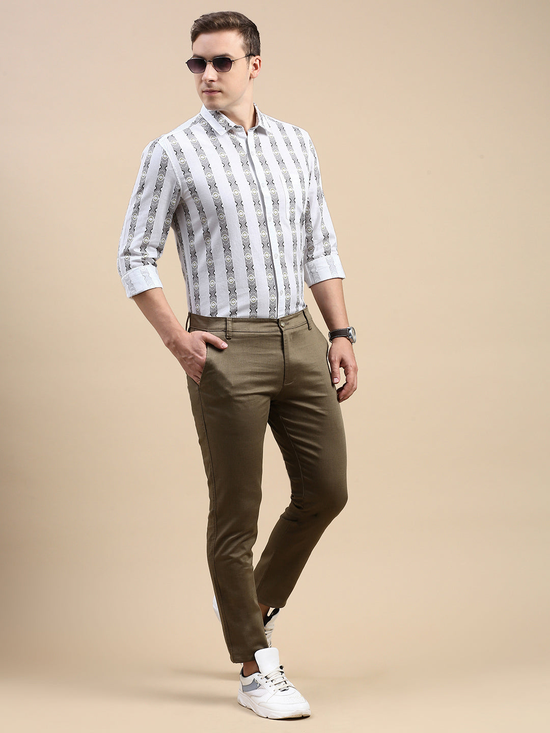 Classic Polo Men's Polo Neck Cotton Linen White/Grey Slim Fit Striped Shirt | LINEN-37B-FS-PRT-SF