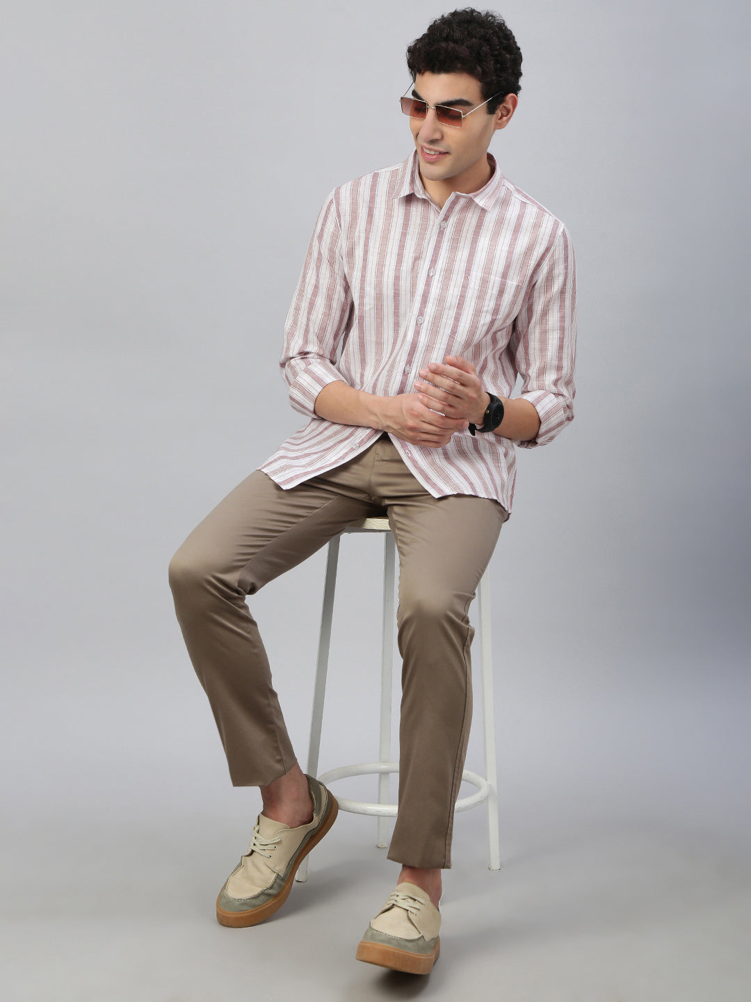 Classic Polo Men's Full Sleeve Lt.Brown/White Polo Neck Slim Fit Striped Shirt||SP2-CL-25 B-FS-STR-SF