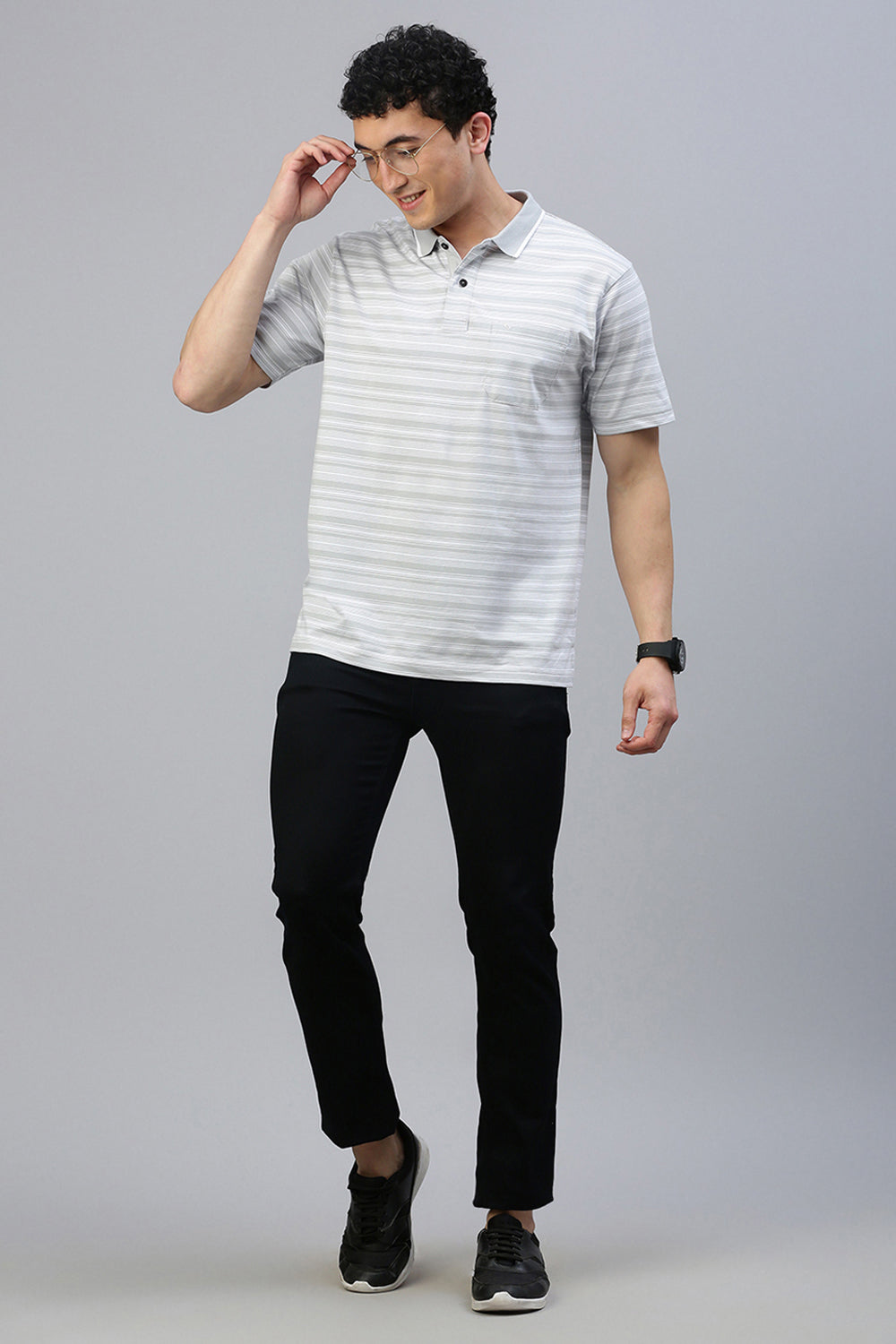 Classic Polo Men's Half Sleeve Grey/White Polo Neck Authentic Fit Striped T-Shirt | FEEDERS - 278 A AF P