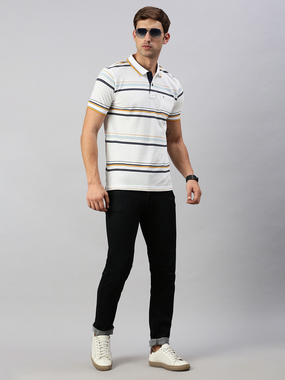 Classic Polo Men's Half Sleeve Lt.Green Polo Neck Slim Fit Striped T-Shirt | ADORE - 227 A SF P