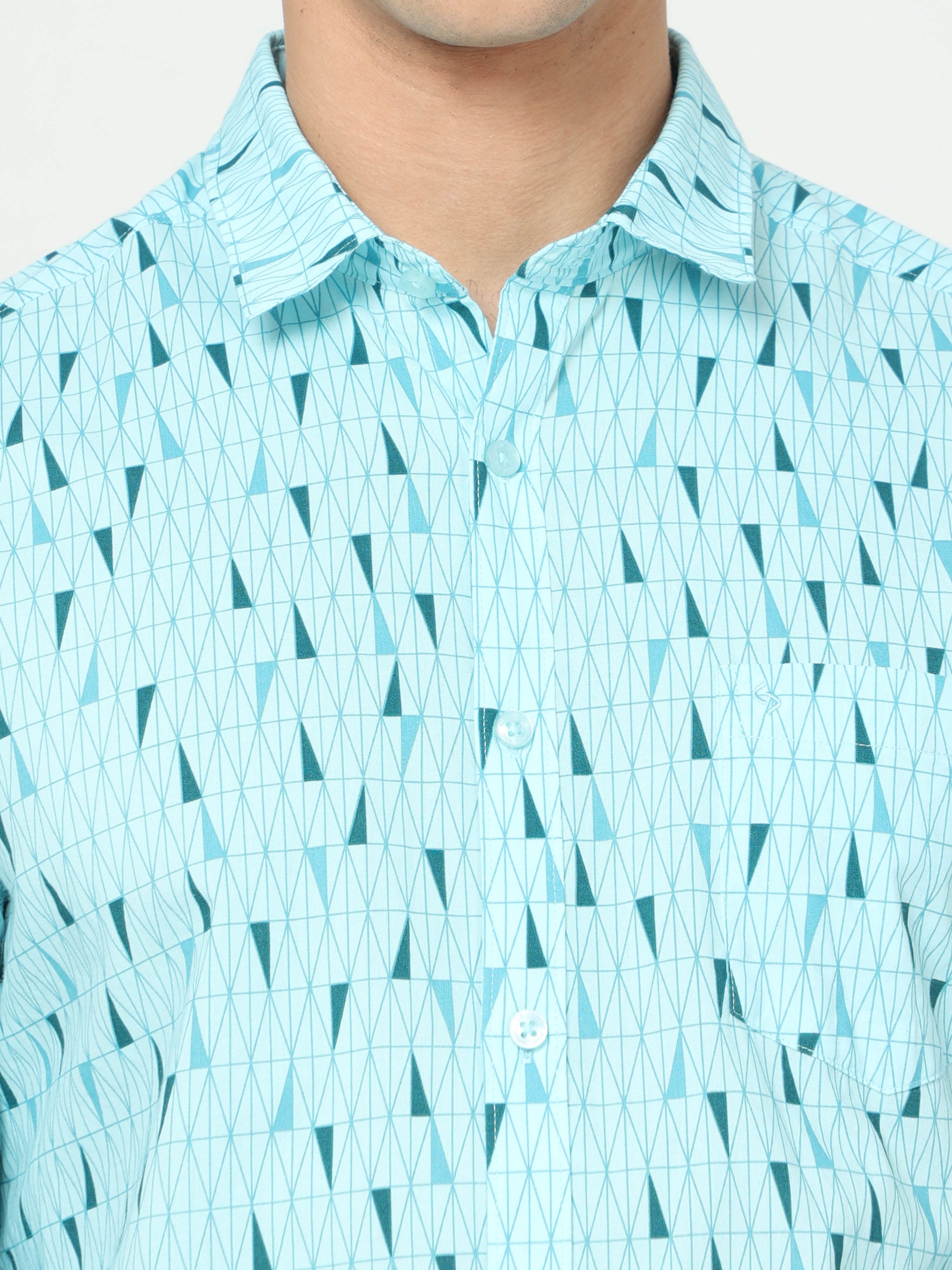 Classic Polo Mens Cotton Full Sleeve Printed Slim Fit Polo Neck Aqua Color Woven Shirt | SO1-150 B-FS-PRT