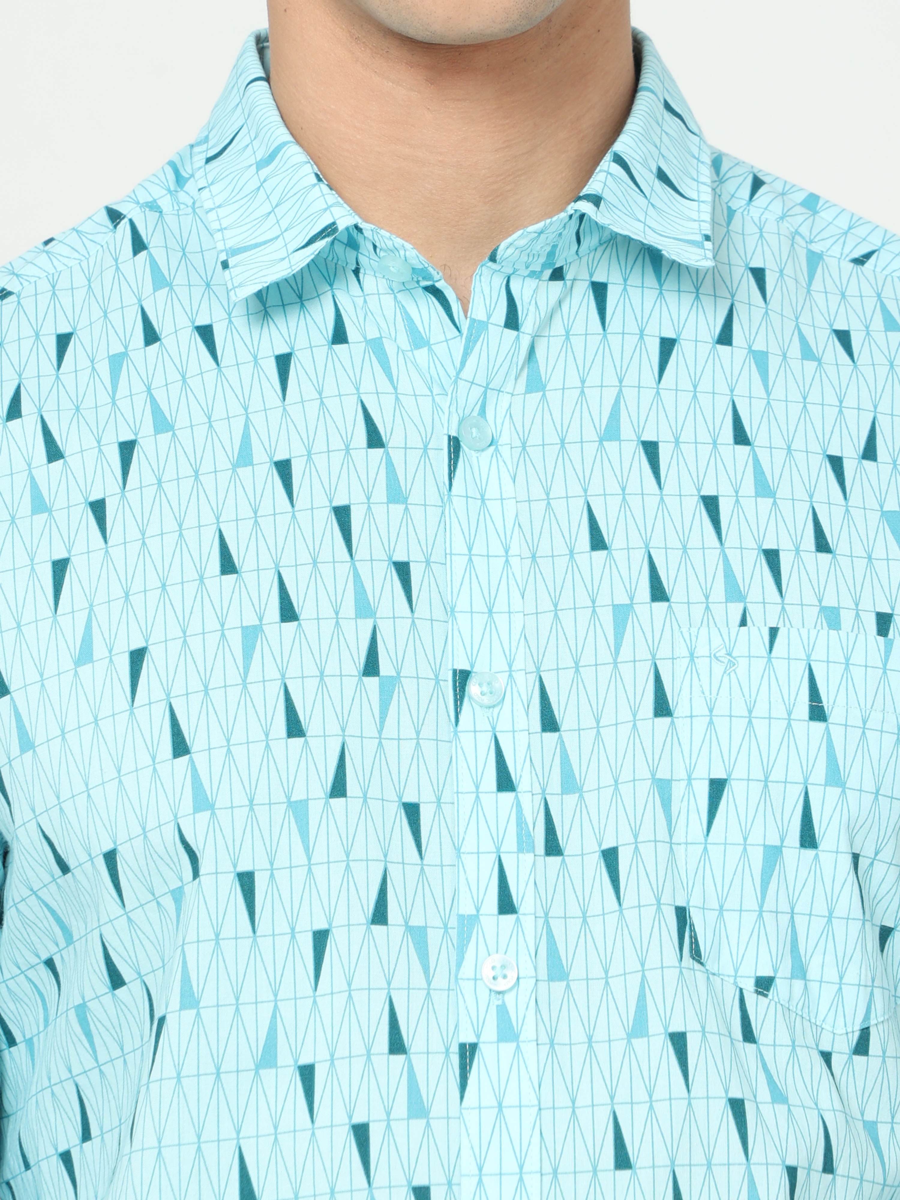Classic Polo Mens Cotton Full Sleeve Printed Slim Fit Polo Neck Aqua Color Woven Shirt | SO1-150 B-FS-PRT