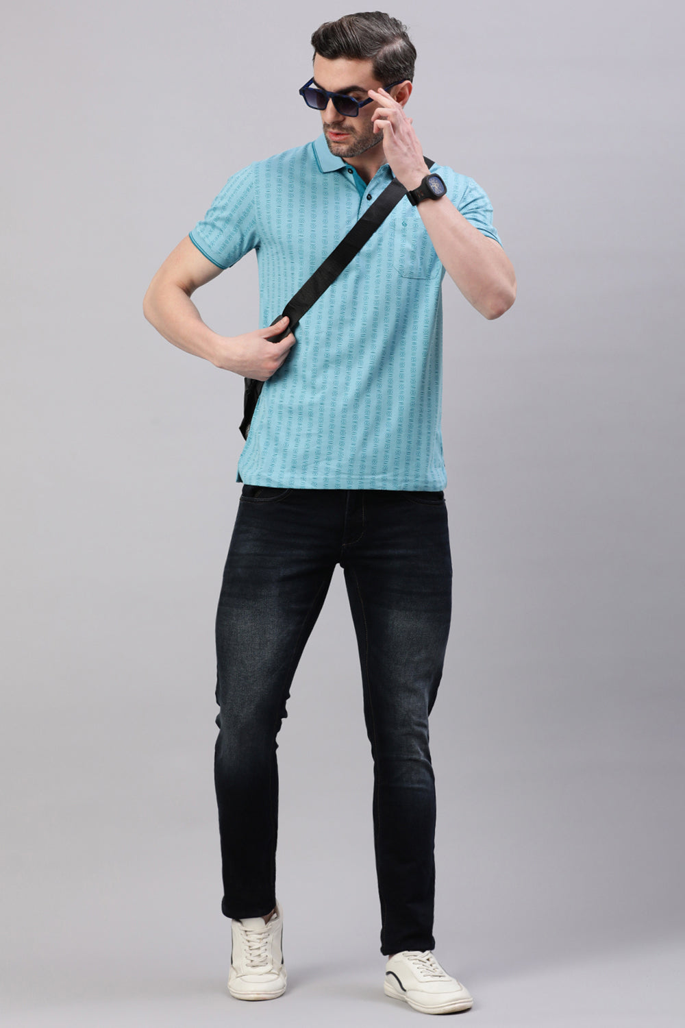 Classic Polo Men's Half Sleeve Teal Blue Polo Neck Slim Fit All-Over Print T-Shirt