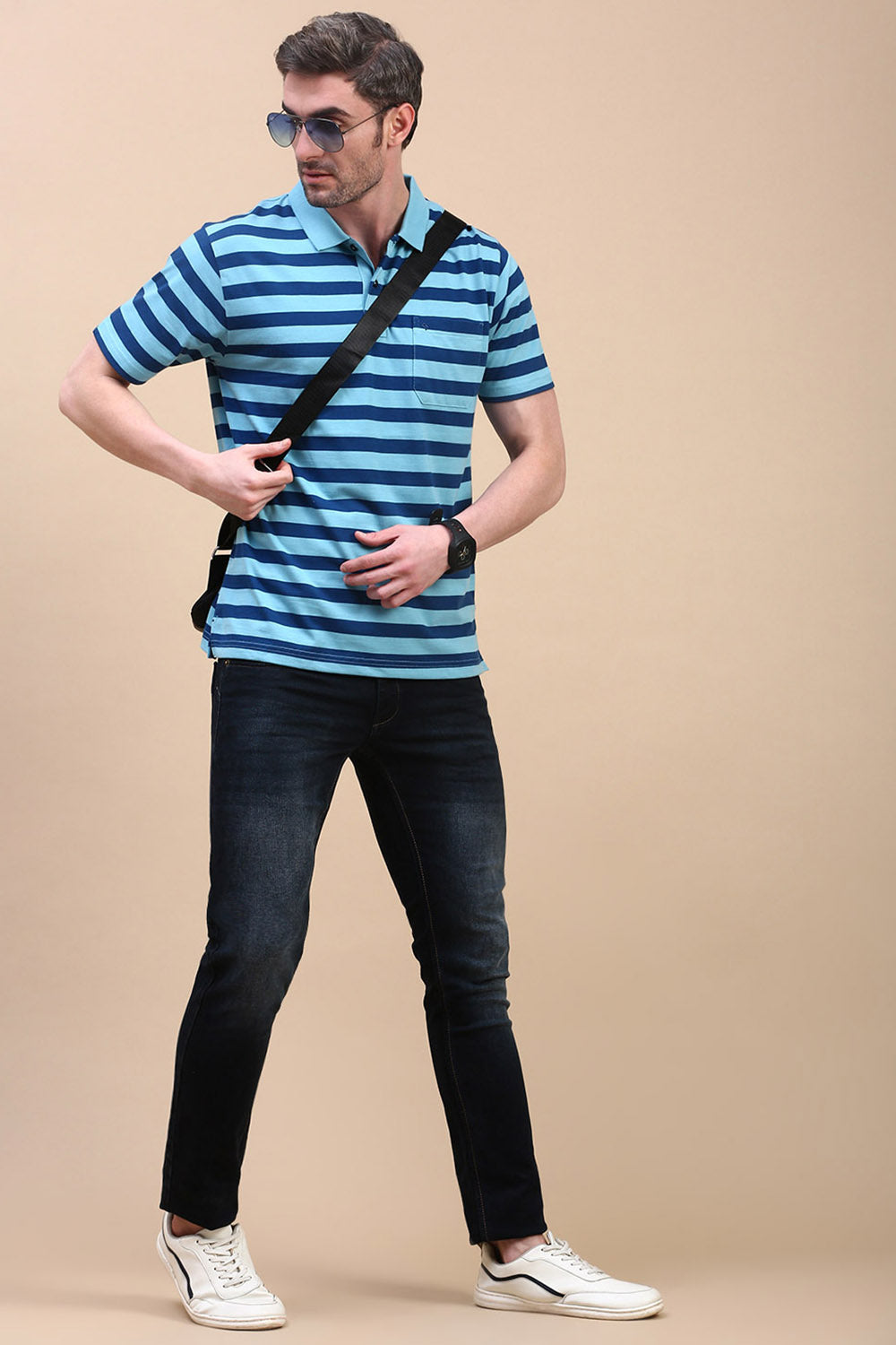 Classic Polo Men's Half Sleeve Blue/Navy Polo Neck Authentic Fit Striped T-Shirt | AVON - 611 A AF P