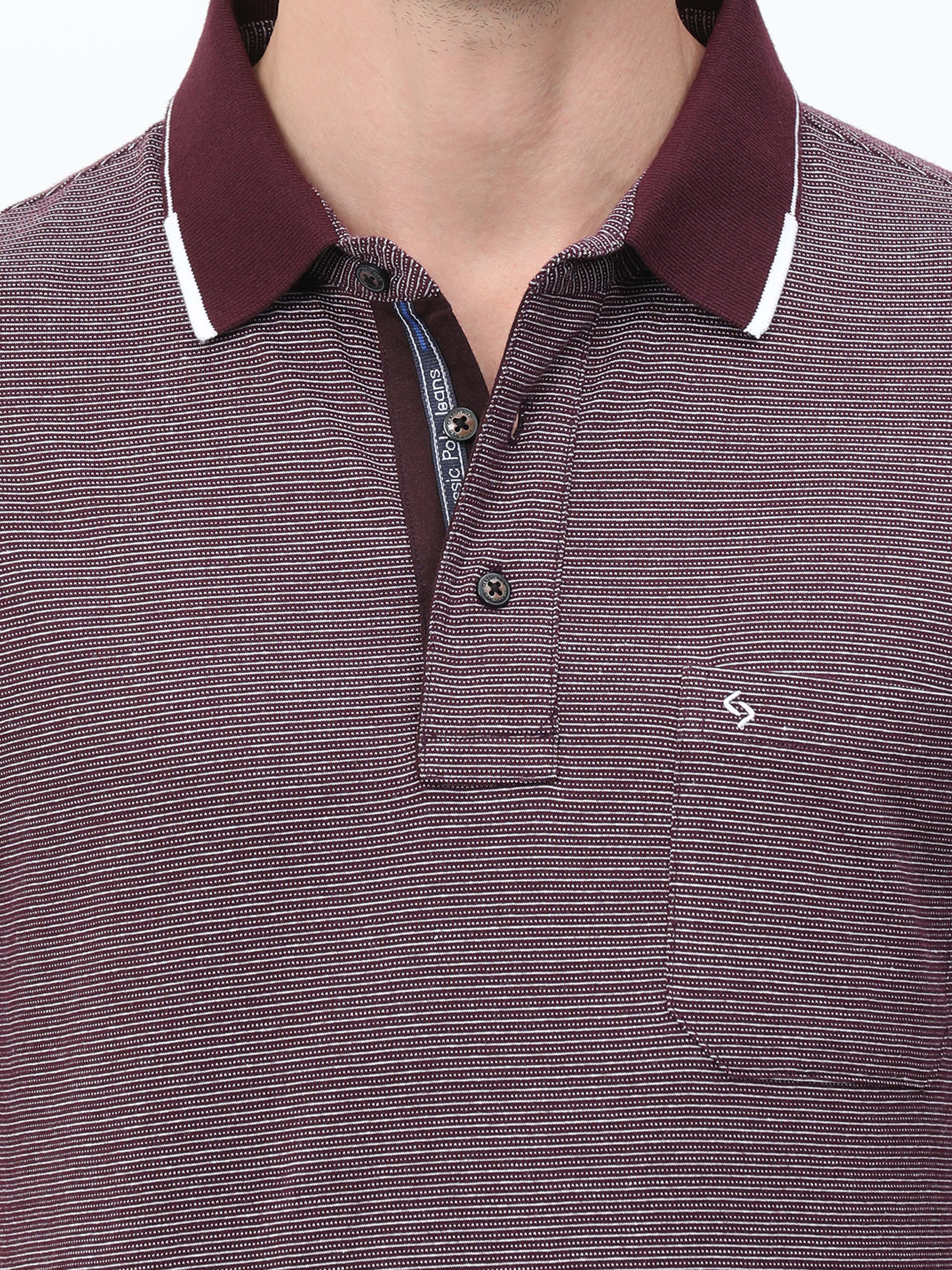 Classic Polo Mens Cotton Half Sleeves Striped Authentic Fit Polo Neck Maroon Color T-Shirt | Rare - 07 A Af P