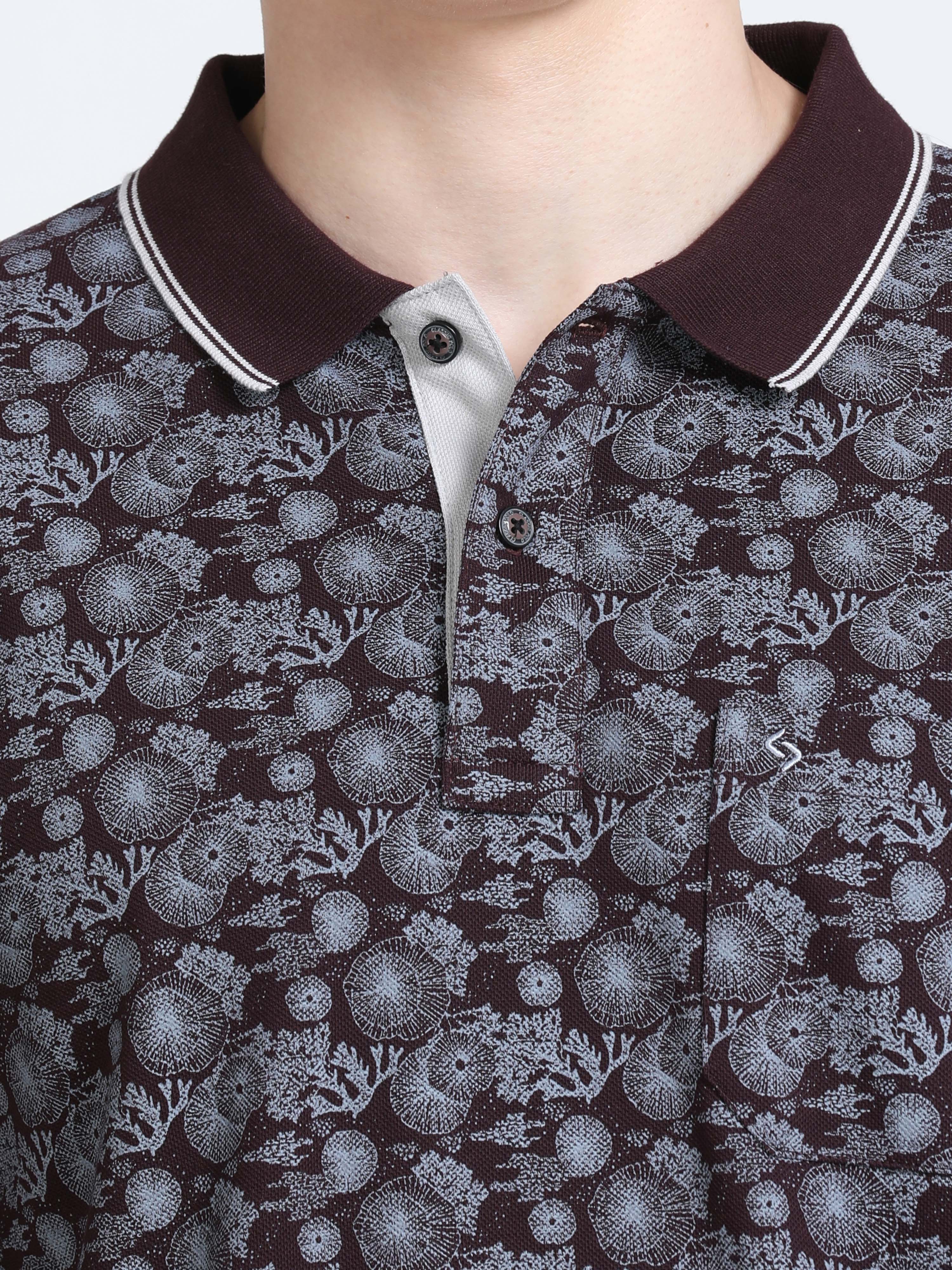 Classic Polo Mens Pure Cotton Half Sleeves Floral Slim Fit Polo Neck Black Color T-Shirt | Beau - 219 B Sf P