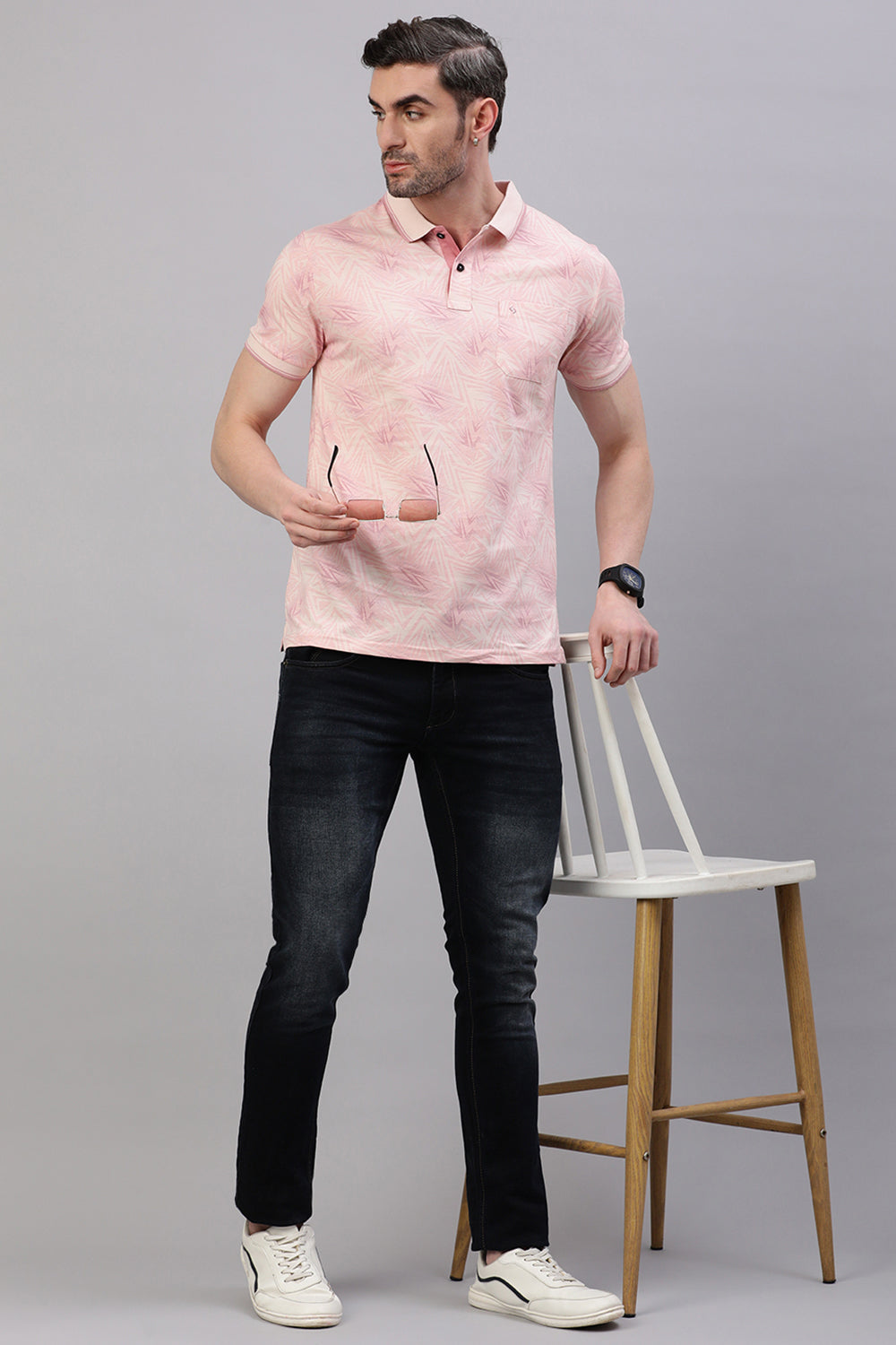 Classic Polo Men's Half Sleeve Peach Polo Neck Slim Fit All Over Print T-Shirt | BELLO - 319 A SF P