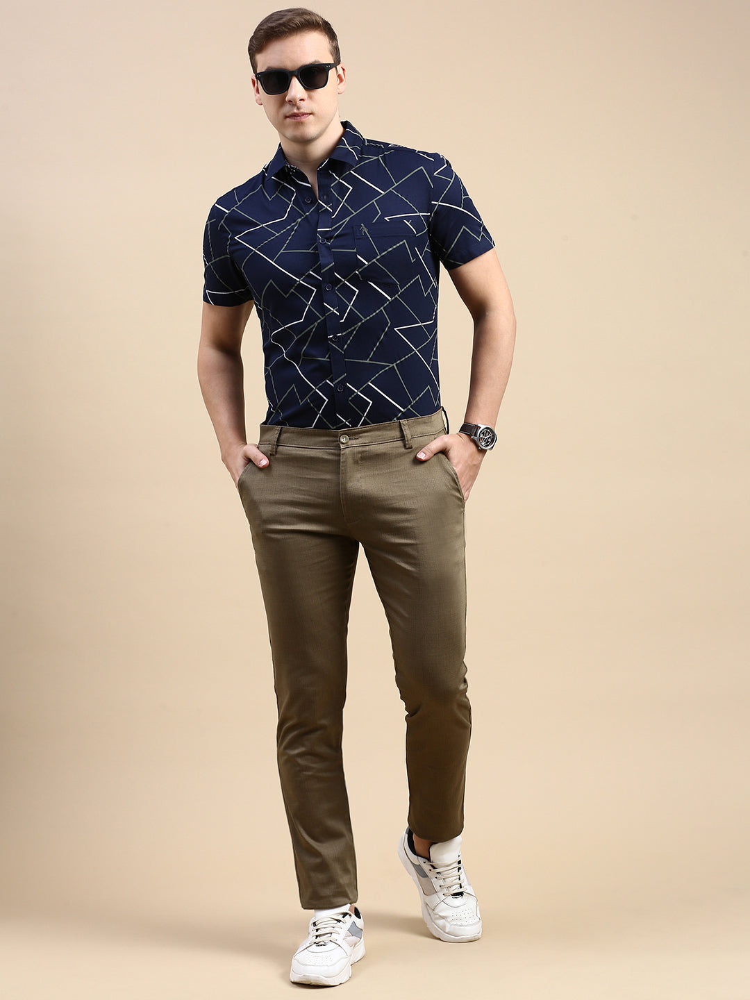 CP BRO Men's Polo Neck Cotton Navy Blue Slim Fit Printed Shirt | SBP1-25B-HS-PRT-BSL