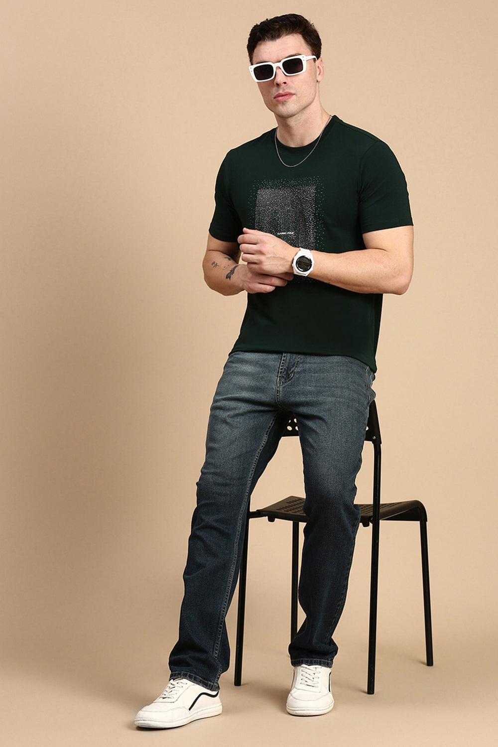 Classic Polo Men's Half Sleeve Dark Green Crew Neck Slim Fit Printed T-Shirt | ELITE-CREW-22 A SF C