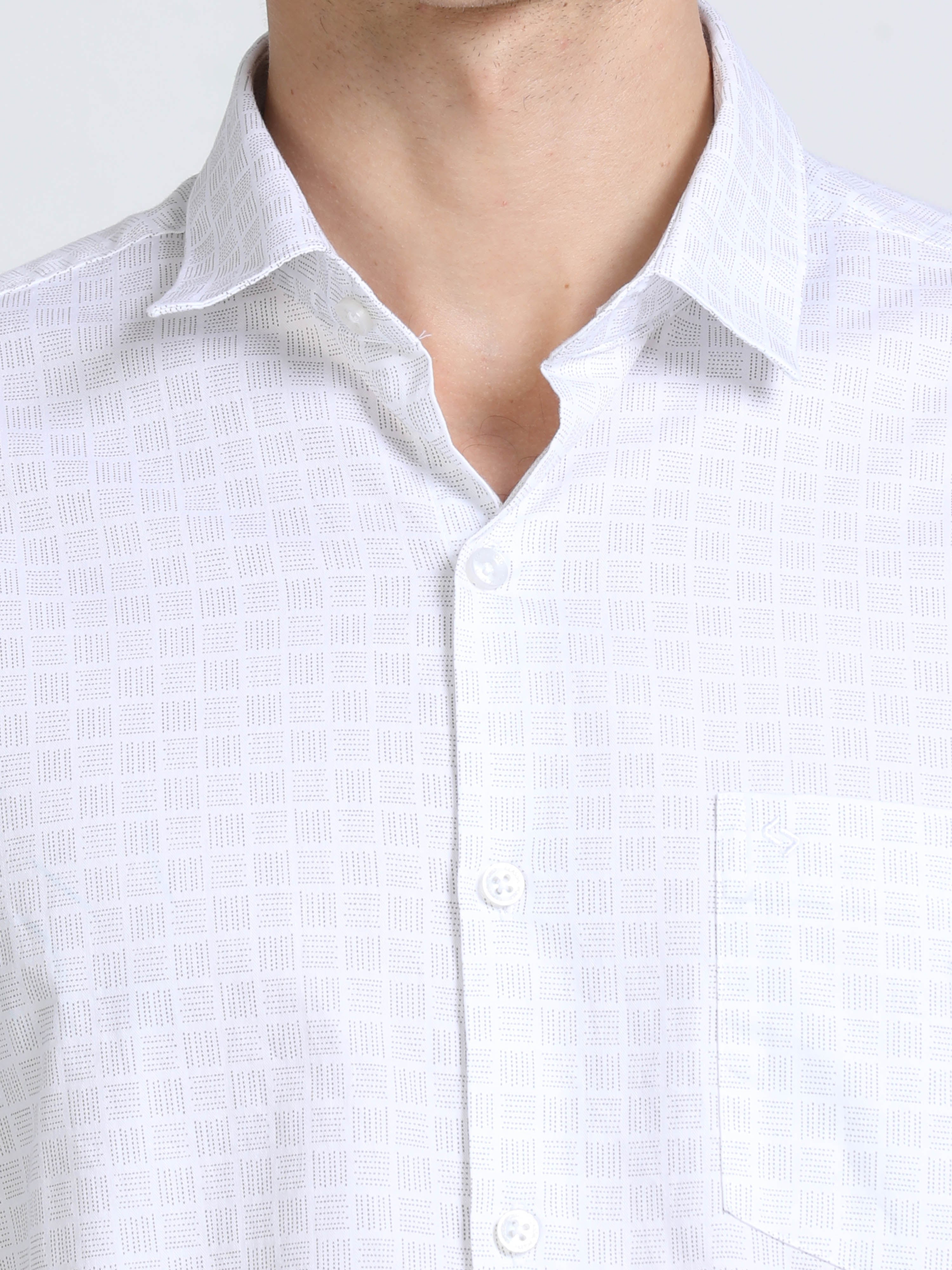 Classic Polo Mens Pure Cotton Full Sleeves Printed Slim Fit Polo Neck White Color Woven Shirt | So2-161 A-Fs-Prt-Sf