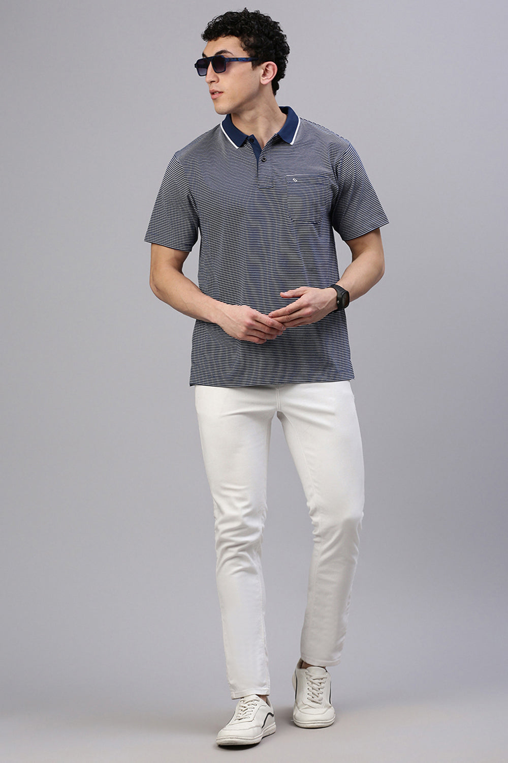 Classic Polo Men's Half Sleeve Navy/White Polo Neck Authentic Fit Striped T-Shirt | FEEDERS - 271 A AF P