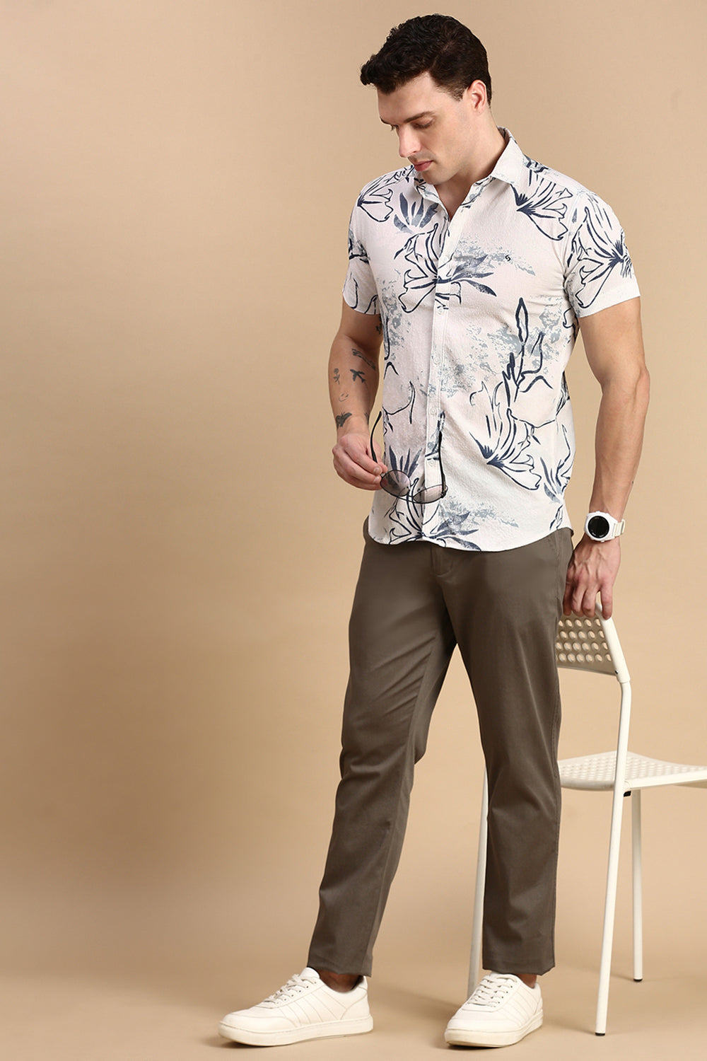 Classic Polo Men's Half Sleeve White/Navy Polo Neck Slim Fit All Over Print Shirt | SP2-GN-07 A-HS-PRT-BSL