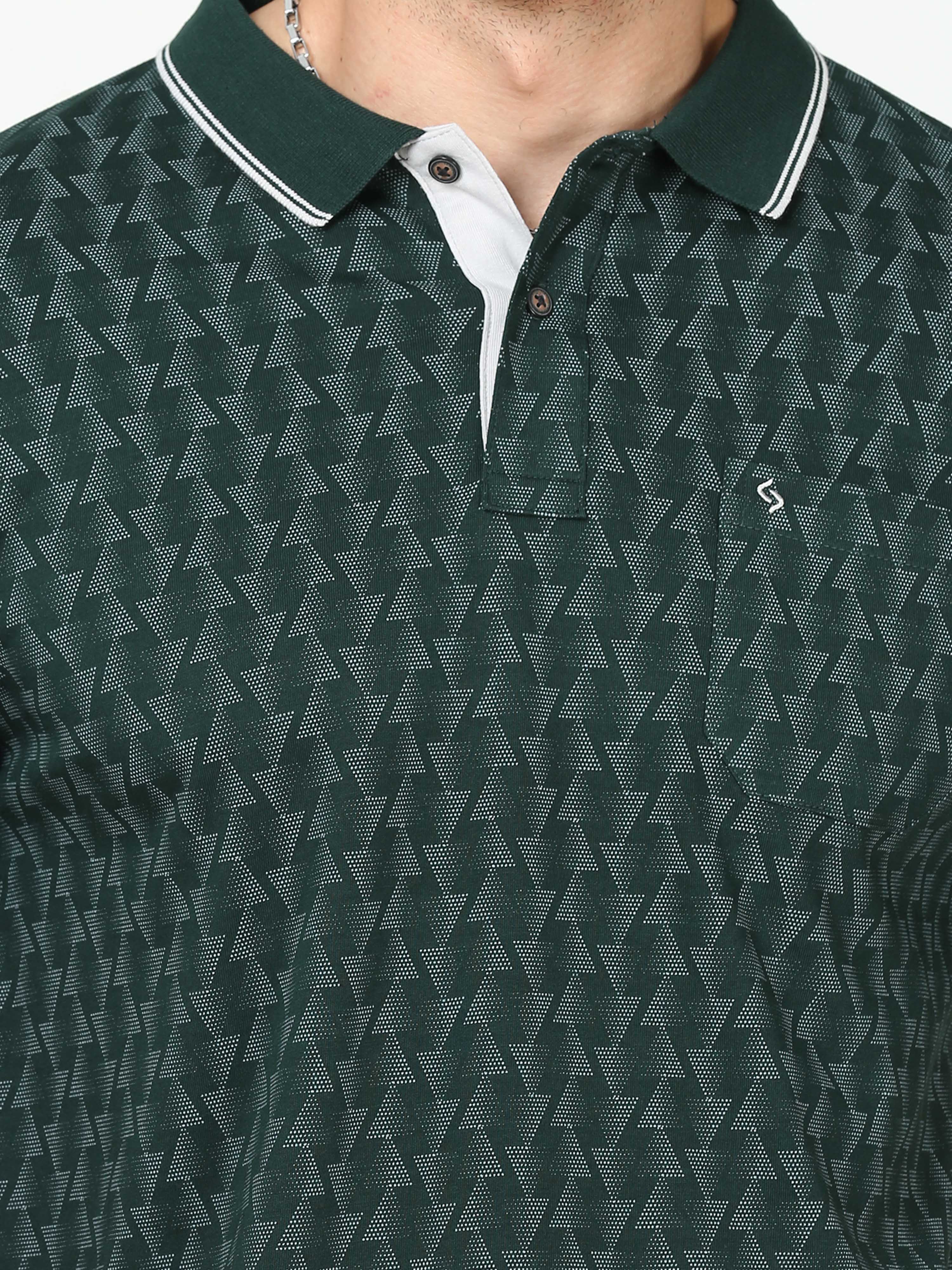 Classic Polo Mens Pure Cotton Half Sleeves Printed Slim Fit Polo Neck Dark Green Color T-Shirt | Bello - 230 A Sf P