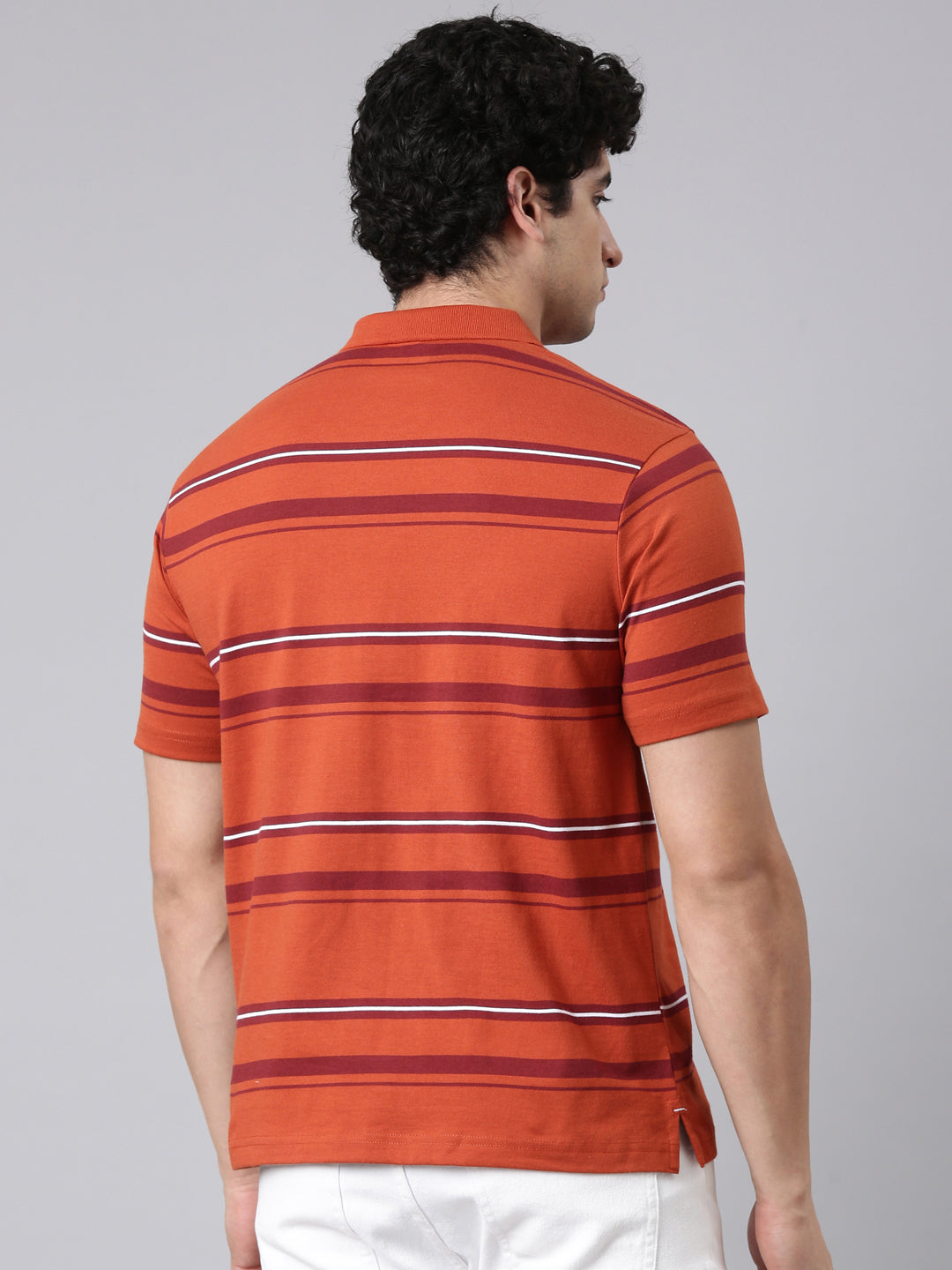 Classic Polo Men's Half Sleeve Rust Polo Neck Authentic Fit Striped Cotton Blend T-Shirt | AVON - 648 B AF P