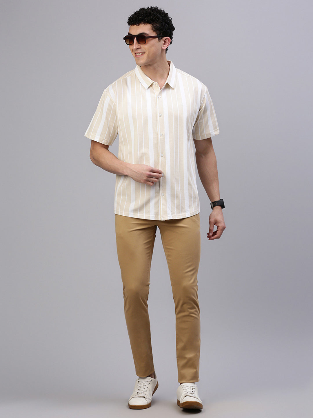 Classic Polo Men's Half Sleeve Beige/White Polo Neck Slim Fit Striped Drop Shoulder Knitted Shirt||GENX-KSH 11 B SH HS