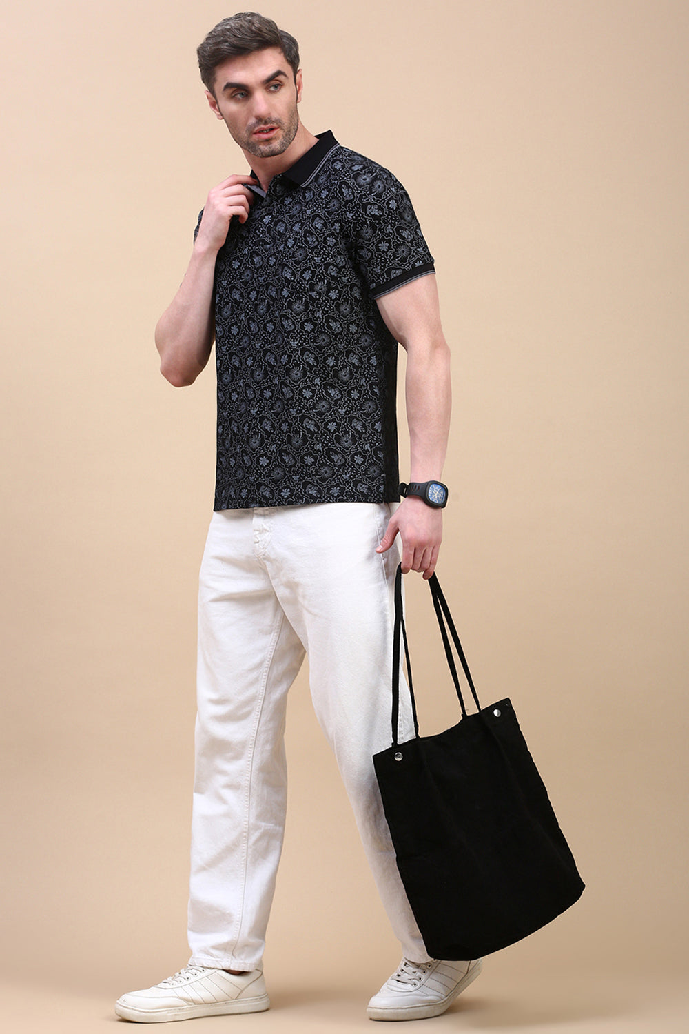Classic Polo Men's Half Sleeve Black Polo Neck Slim Fit All-Over Print T-Shirt