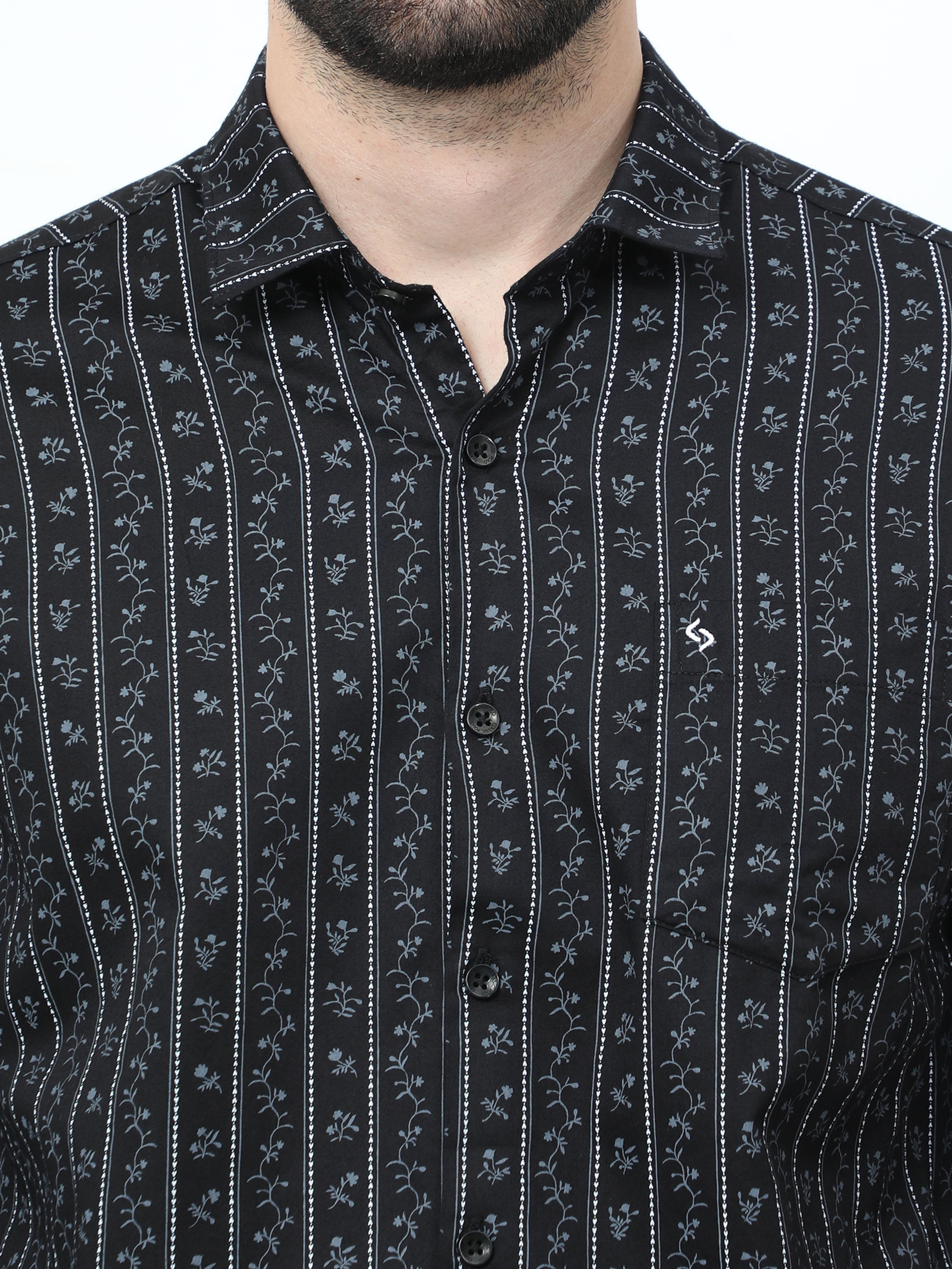 Classic Polo Mens Pure Cotton Full Sleeves Floral Slim Fit Polo Neck Black Color Woven Shirt | So2-167 A-Fs-Prt-Sf