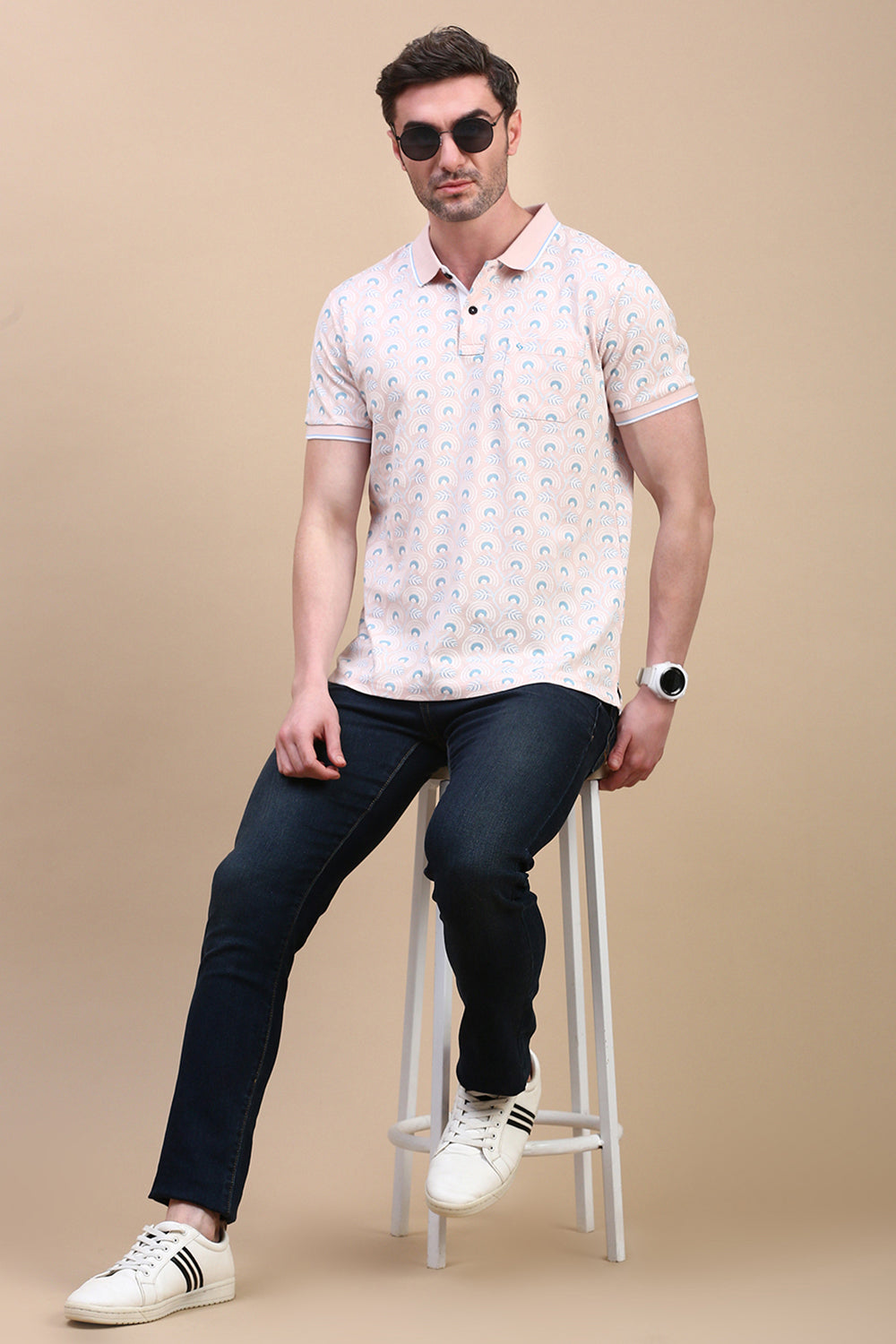 Classic Polo Men's Half Sleeve Peach Polo Neck Slim Fit All Over Print T-Shirt | BEAU - 271 A SF P