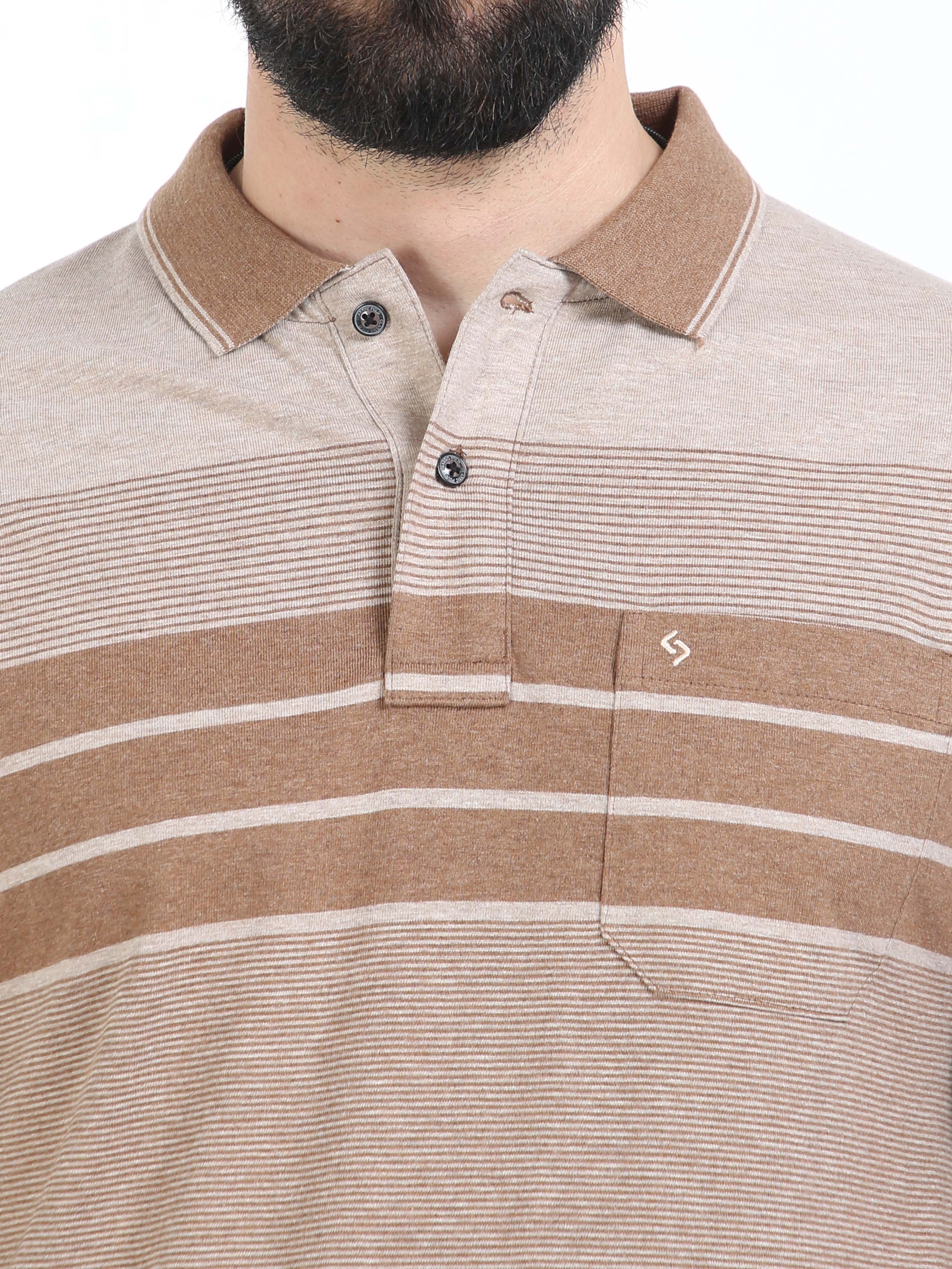Classic Polo Mens Cotton Half Sleeves Striped Authentic Fit Polo Neck Cream Color T-Shirt | Mel - 242 B Af P
