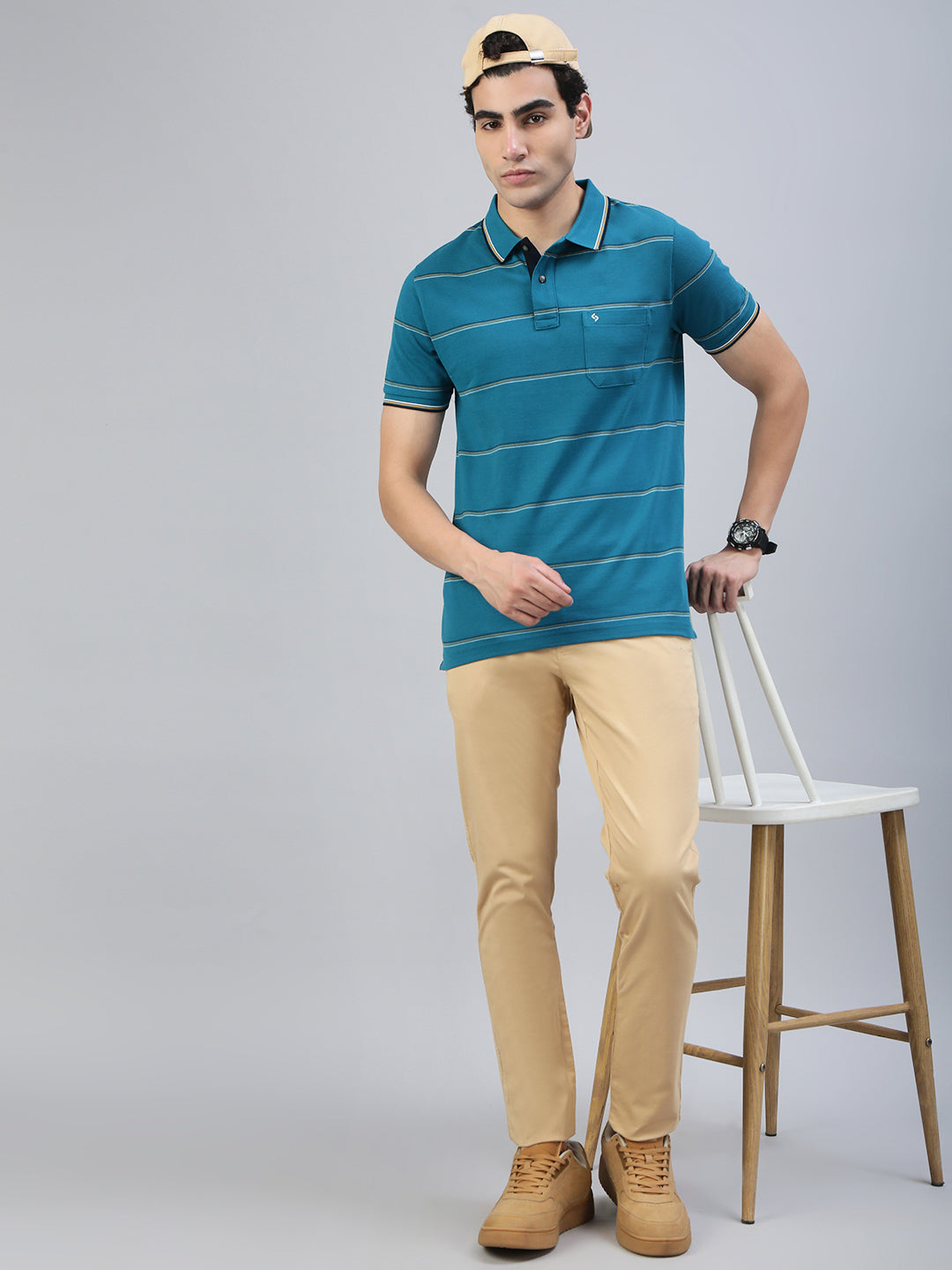 Classic Polo Men's Half Sleeve Teal Blue Polo Neck Slim Fit Striped T-Shirt||ADORE - 231 B SF P