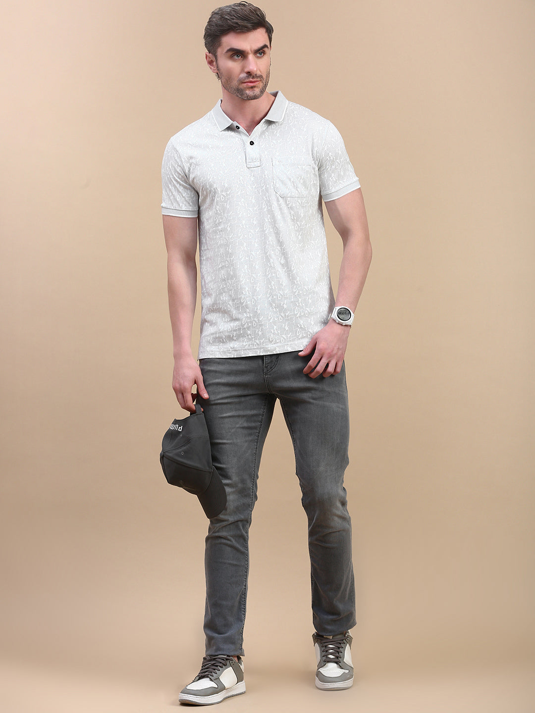 Classic Polo Men's Half Sleeve Lt.Grey/White Polo Neck Slim Fit All Over Print T-Shirt||BELLO - 313 B SF P