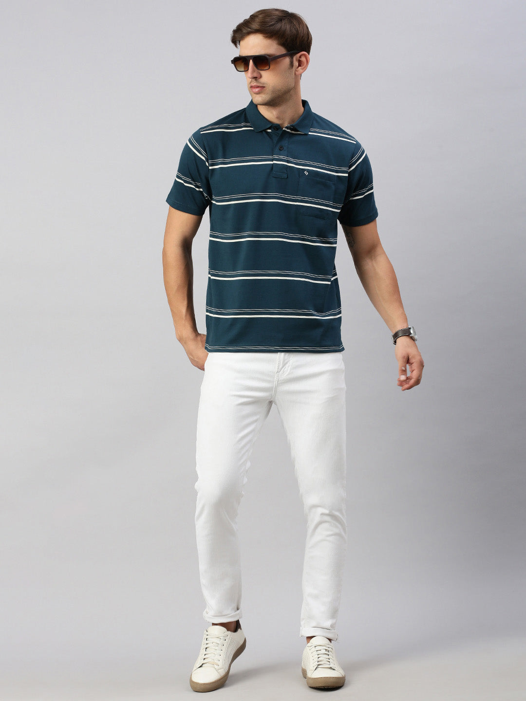 Classic Polo Men's Half Sleeve Teal/White Polo Neck Cotton Authentic Fit T Shirt | AVON - 579 B AF P