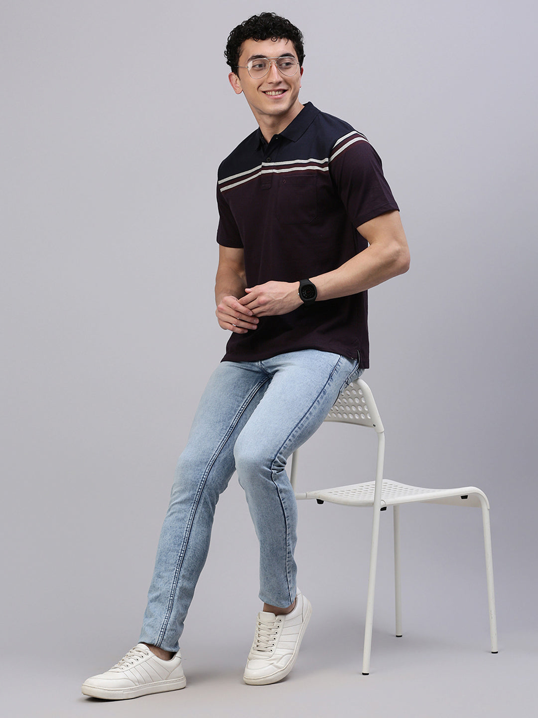 Classic Polo Men's Half Sleeve Burgundy/Navy Blue Polo Neck Authentic Fit Striped T-Shirt||MEL - 265 B AF P