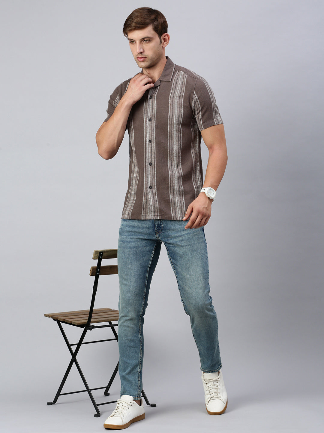 Classic Polo Men's Half Sleeve Brown/Grey Polo Neck Slim Fit Striped Shirt | SP2-GN-11 B-HS-STR-BSL