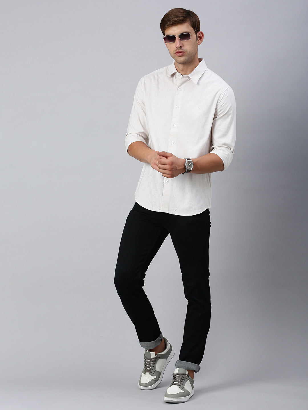 Classic Polo Men's Full Sleeve Off-White Polo Neck Slim Fit Checked Shirt | SP2-CL-35 B-FS-CHK-SF