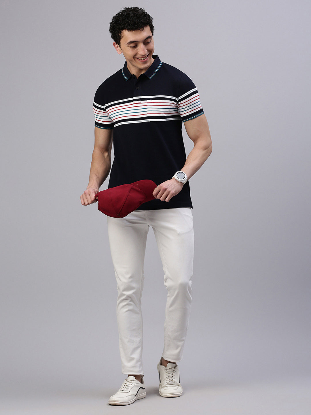Classic Polo Men's Half Sleeve Navy Blue/White Polo Neck Slim Fit Striped T-Shirt||VTA - 302 B SF P
