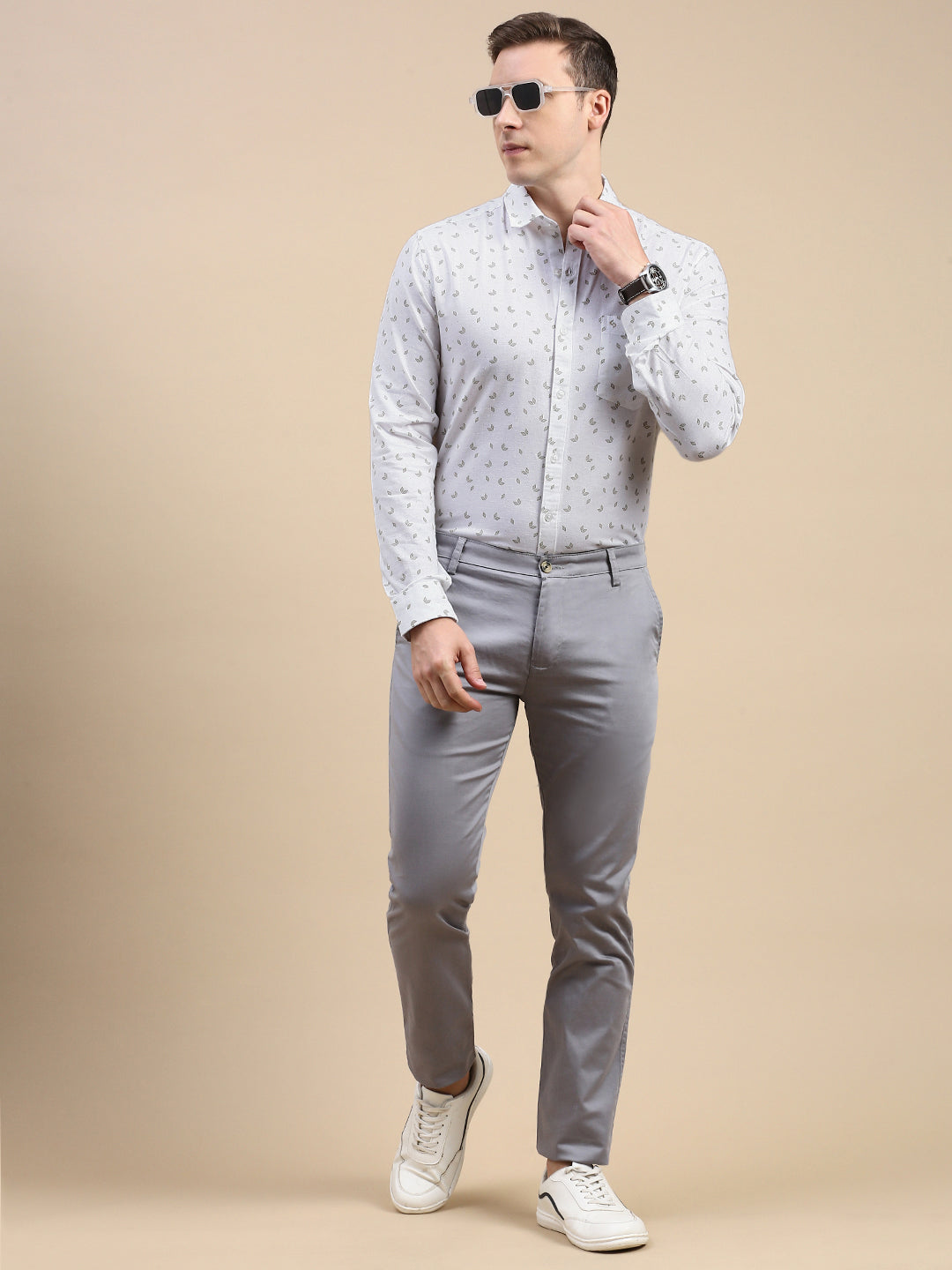 Classic Polo Men's Polo Neck Cotton Linen White/Grey Slim Fit Printed Shirt | LINEN-32B-FS-PRT-SF
