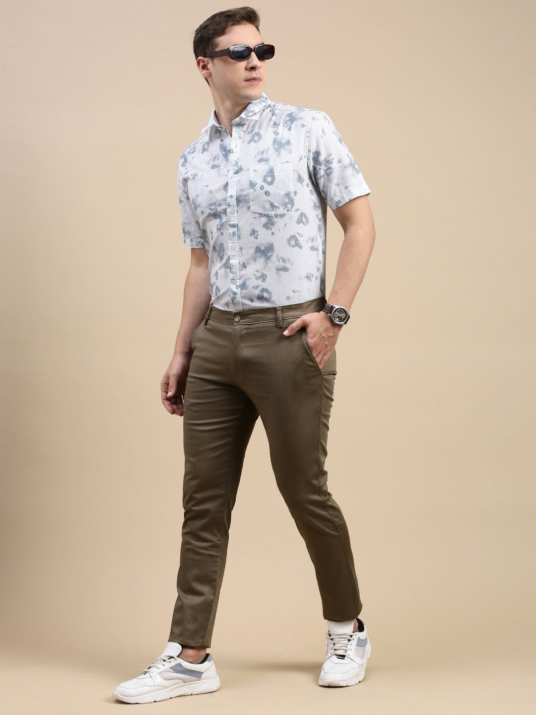 Classic Polo Men's Polo Neck Cotton Linen White/Blue Slim Fit Printed Shirt | LINEN-29A-HS-PRT-SF