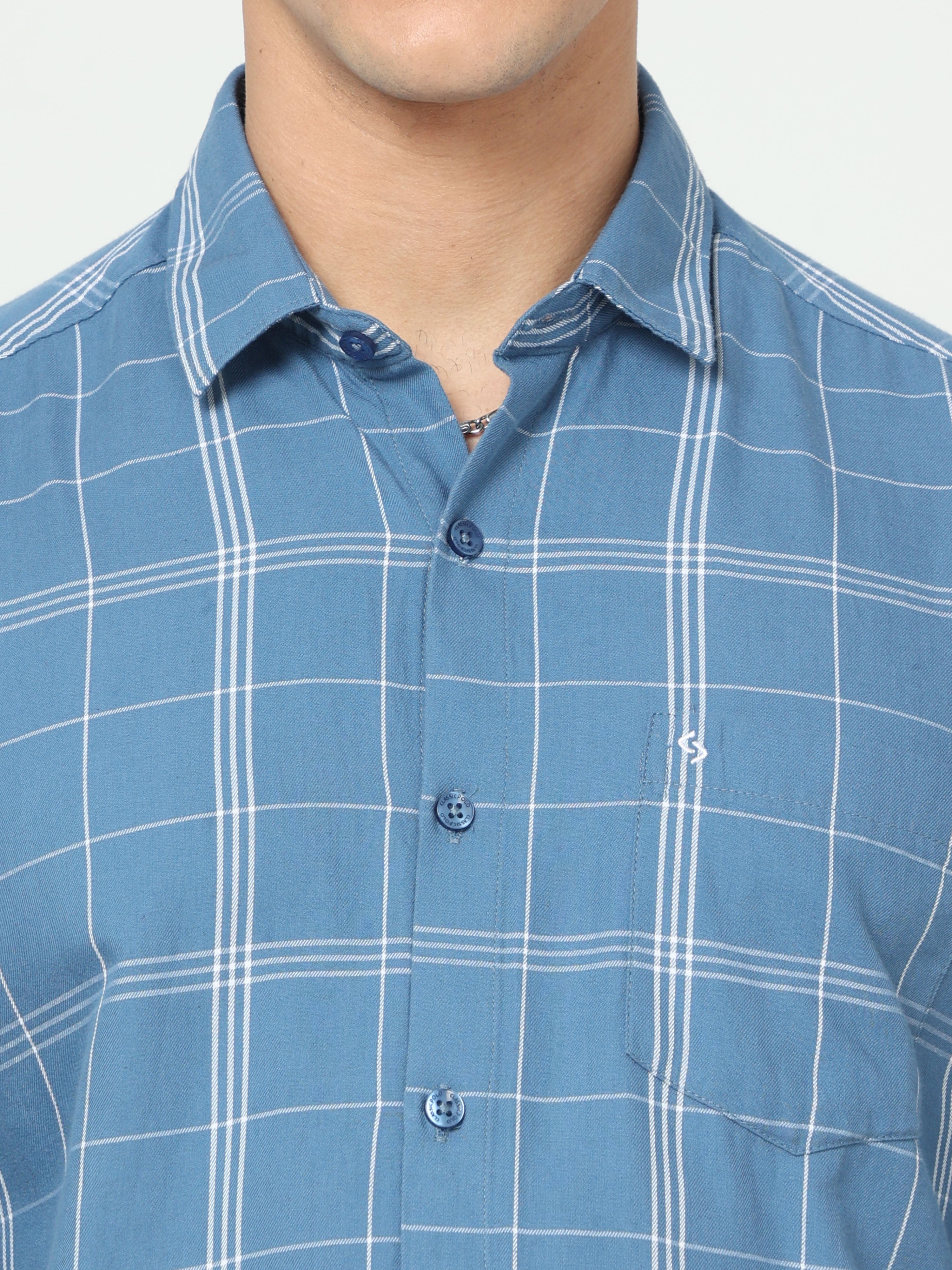 Classic Polo Mens Cotton Full Sleeve Checked Slim Fit Polo Neck Blue Color Woven Shirt | SO1-92 B-FS-CHK