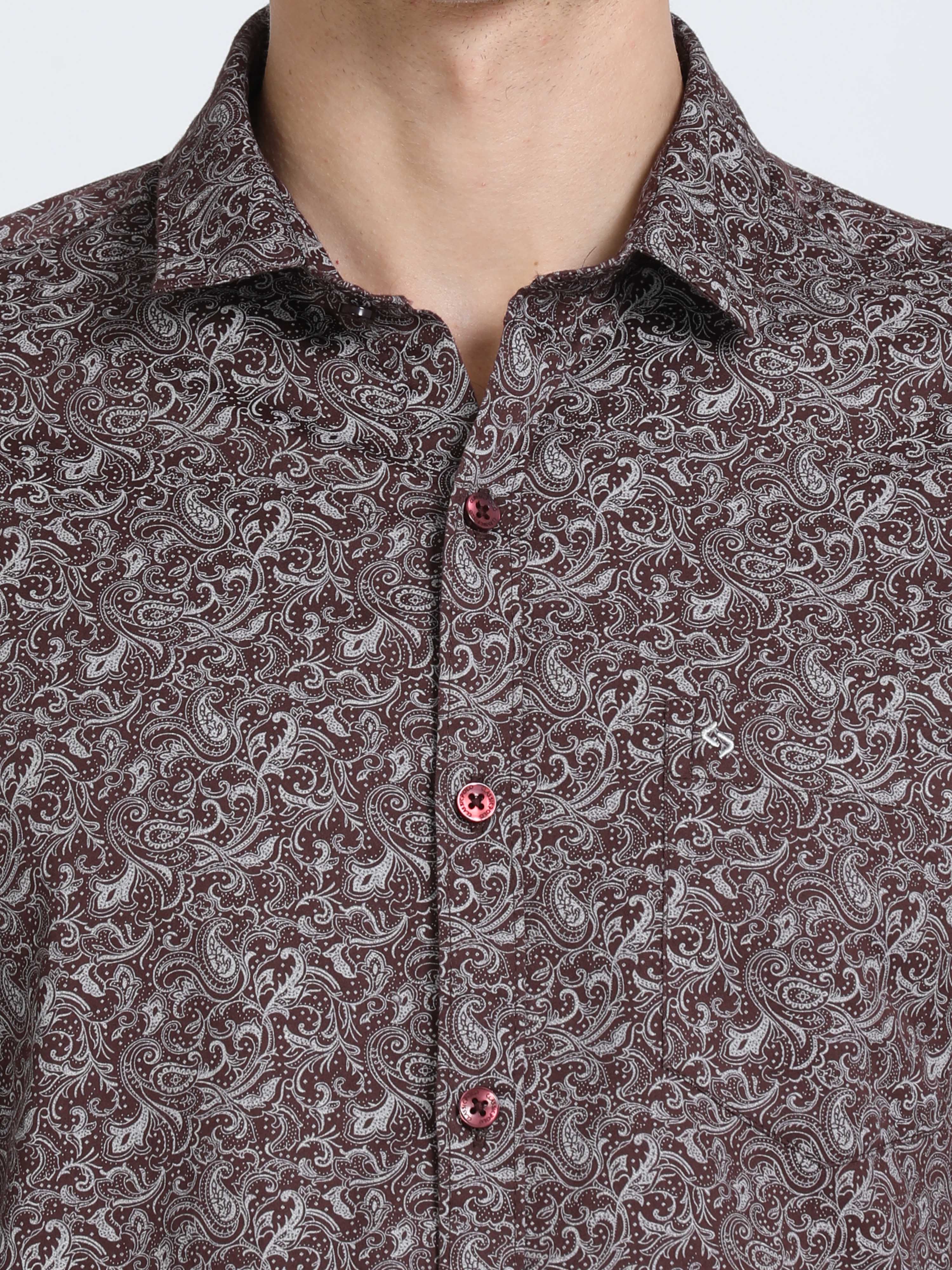 Classic Polo Mens Pure Cotton Full Sleeves Floral Slim Fit Polo Neck Brown Color Woven Shirt | So2-168 B-Fs-Prt-Sf