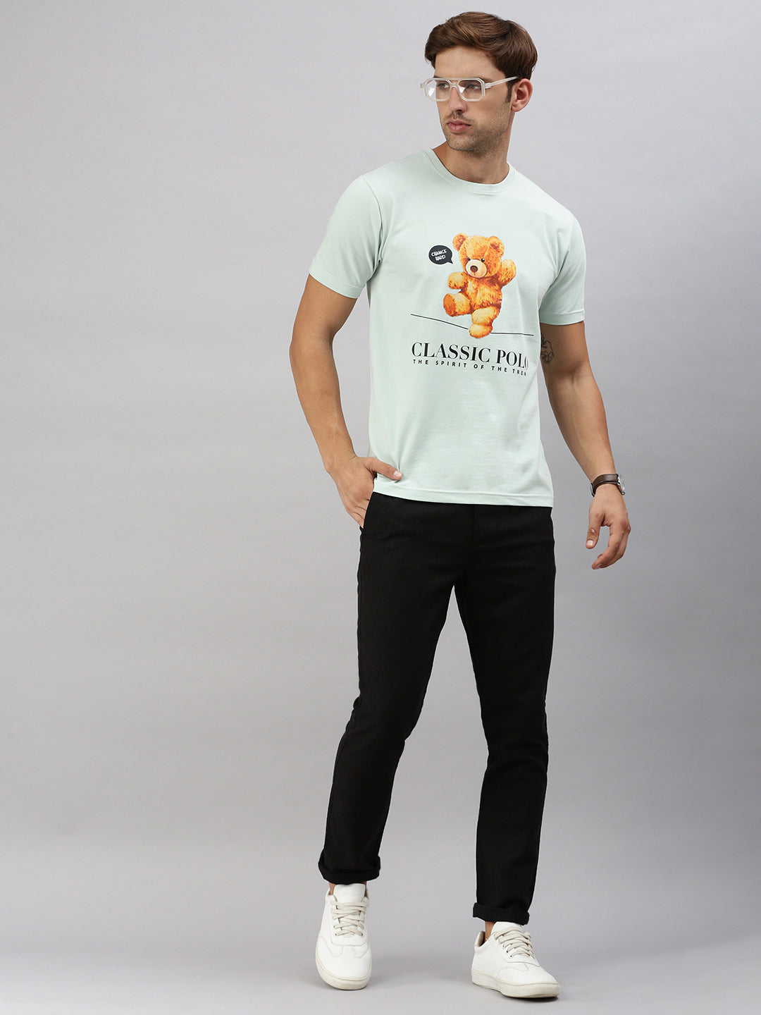 Classic Polo Men's Half Sleeve Lt.Green Crew Neck Slim Fit Printed T-Shirt | BALENO - 602 A SF C