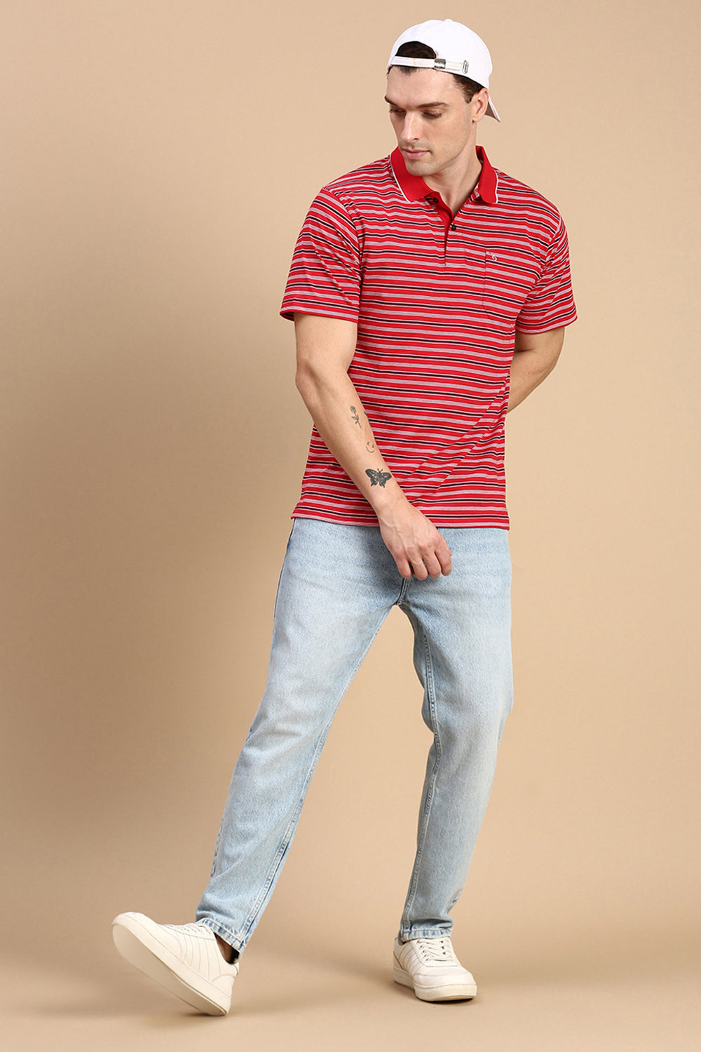 Classic Polo Men's Half Sleeve Red/White Polo Neck Authentic Fit Striped T-Shirt | FEEDERS - 263 A AF P