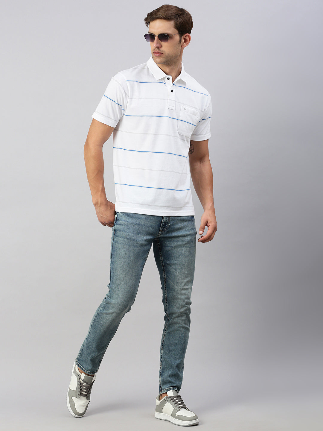 Classic Polo Men's Half Sleeve White Polo Neck Authentic Fit Striped T-Shirt | AVON - 581 B AF P