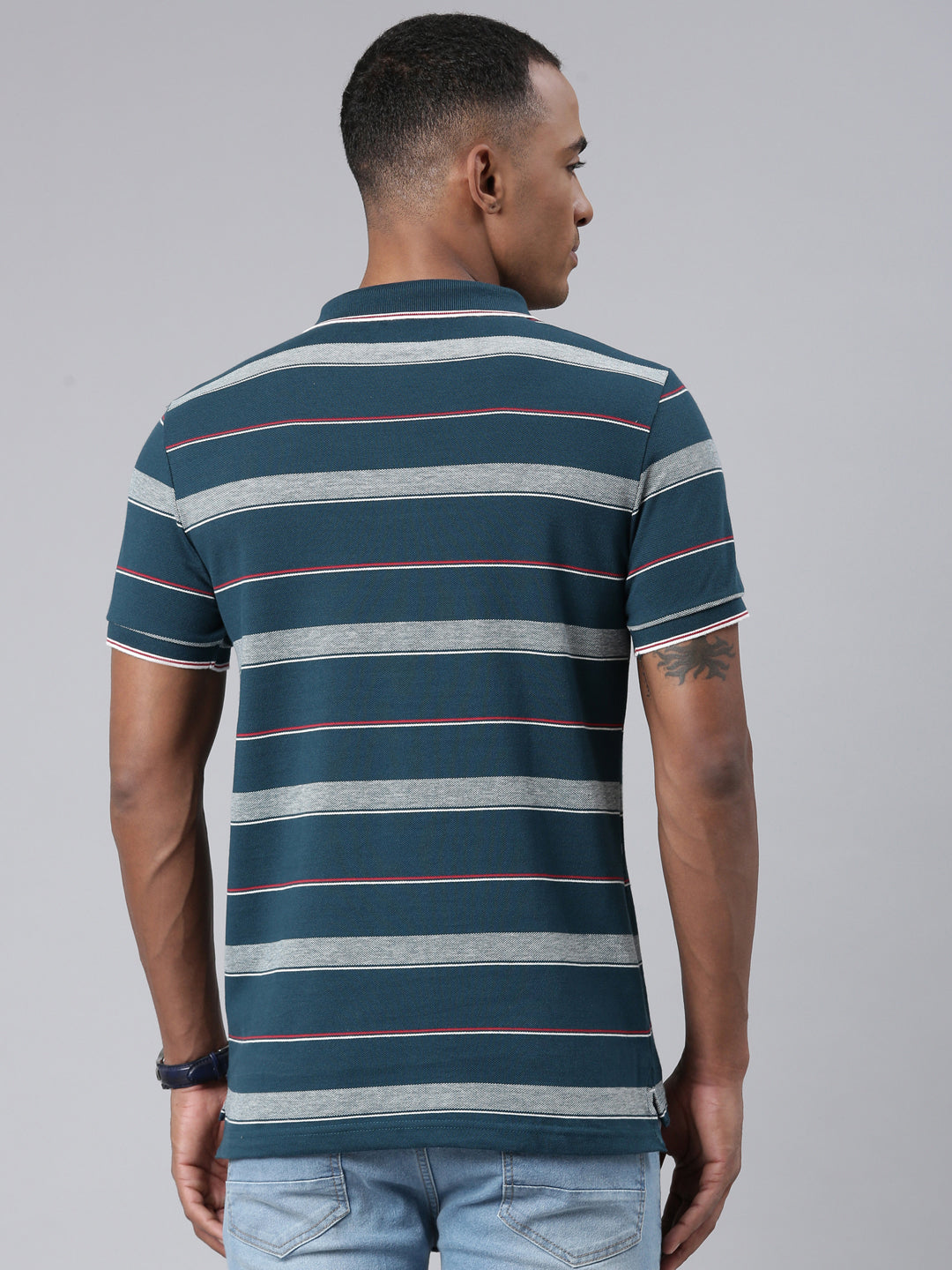 Classic Polo Mens Striped Teal/Grey Polo Neck Slim Fit T-Shirt | ADORE - 218 A SF P