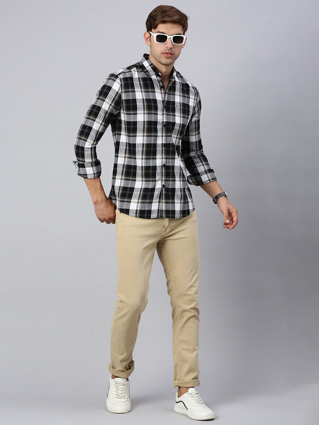 Classic Polo Men's Full Sleeve Black/White Polo Neck Slim Fit Checked Shirt | SP2-CL-02 B-FS-CHK-SF